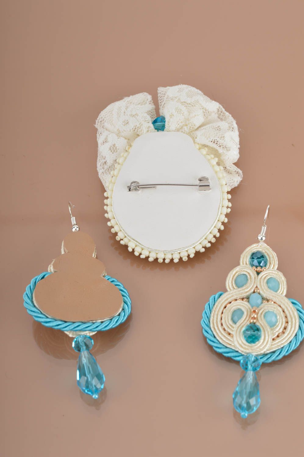 Beige and blue handmade designer jewelry set soutache earrings and brooch photo 5
