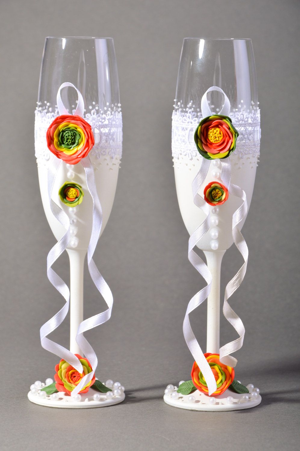 Flûtes en verre de mariage faites main design original fleurs dentelle 2 pièces photo 2