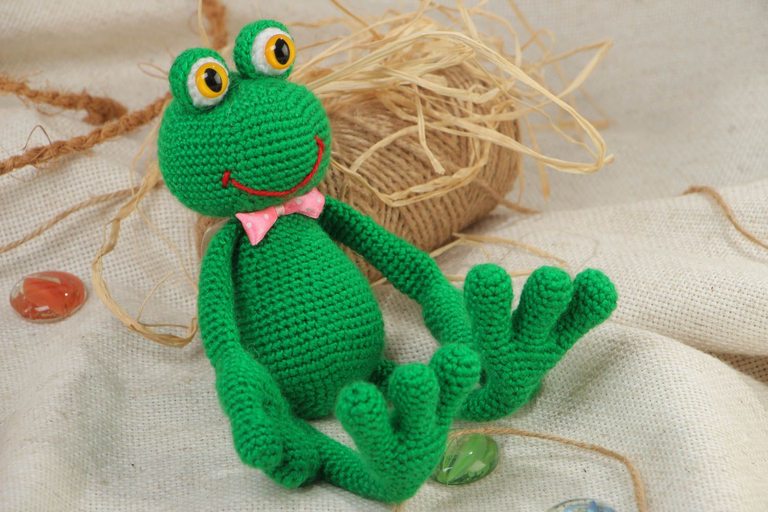 Handmade soft toy crocheted of acrylic threads bright green frog with bow tie photo 1