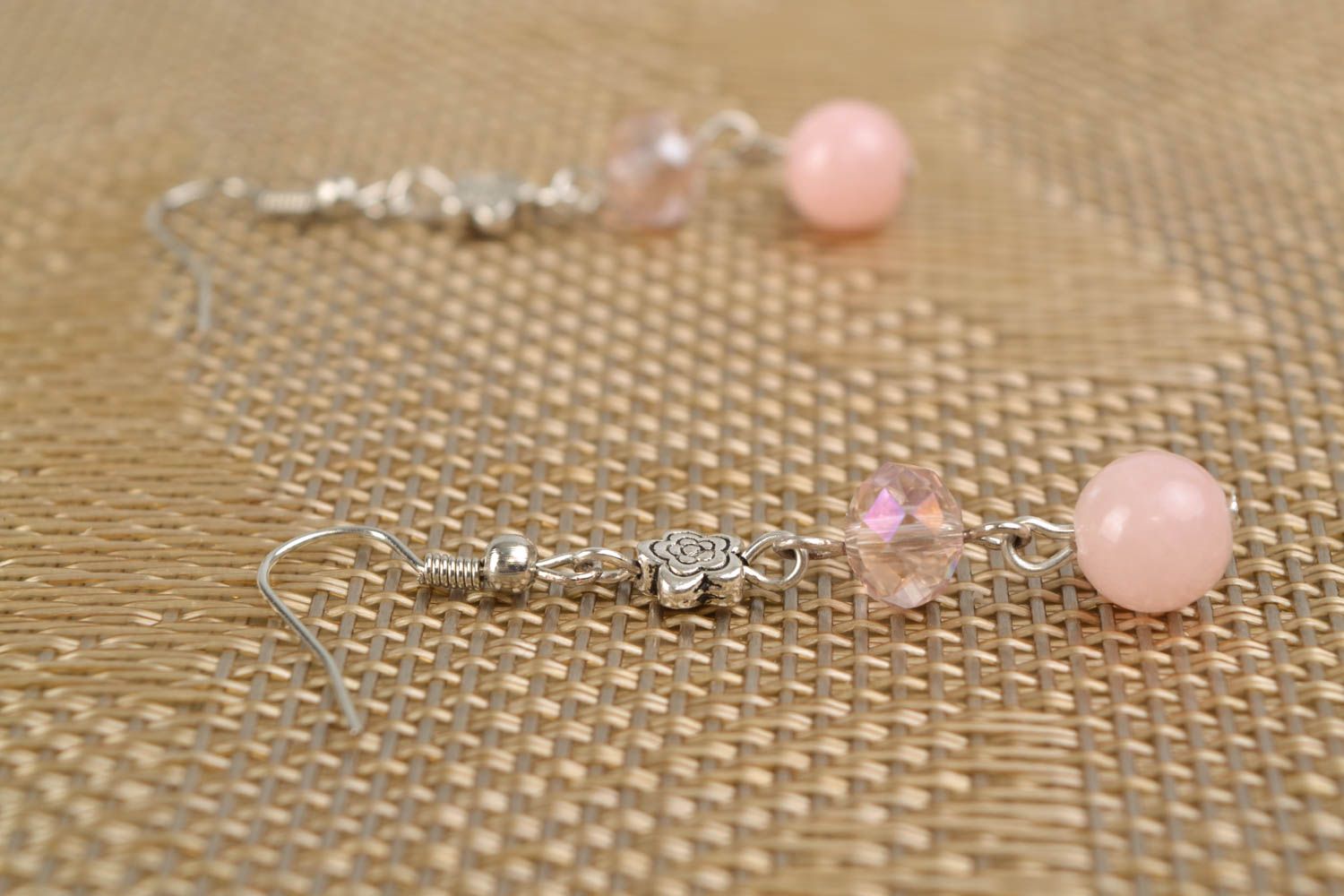 Metal earrings with pink quartz beads photo 1