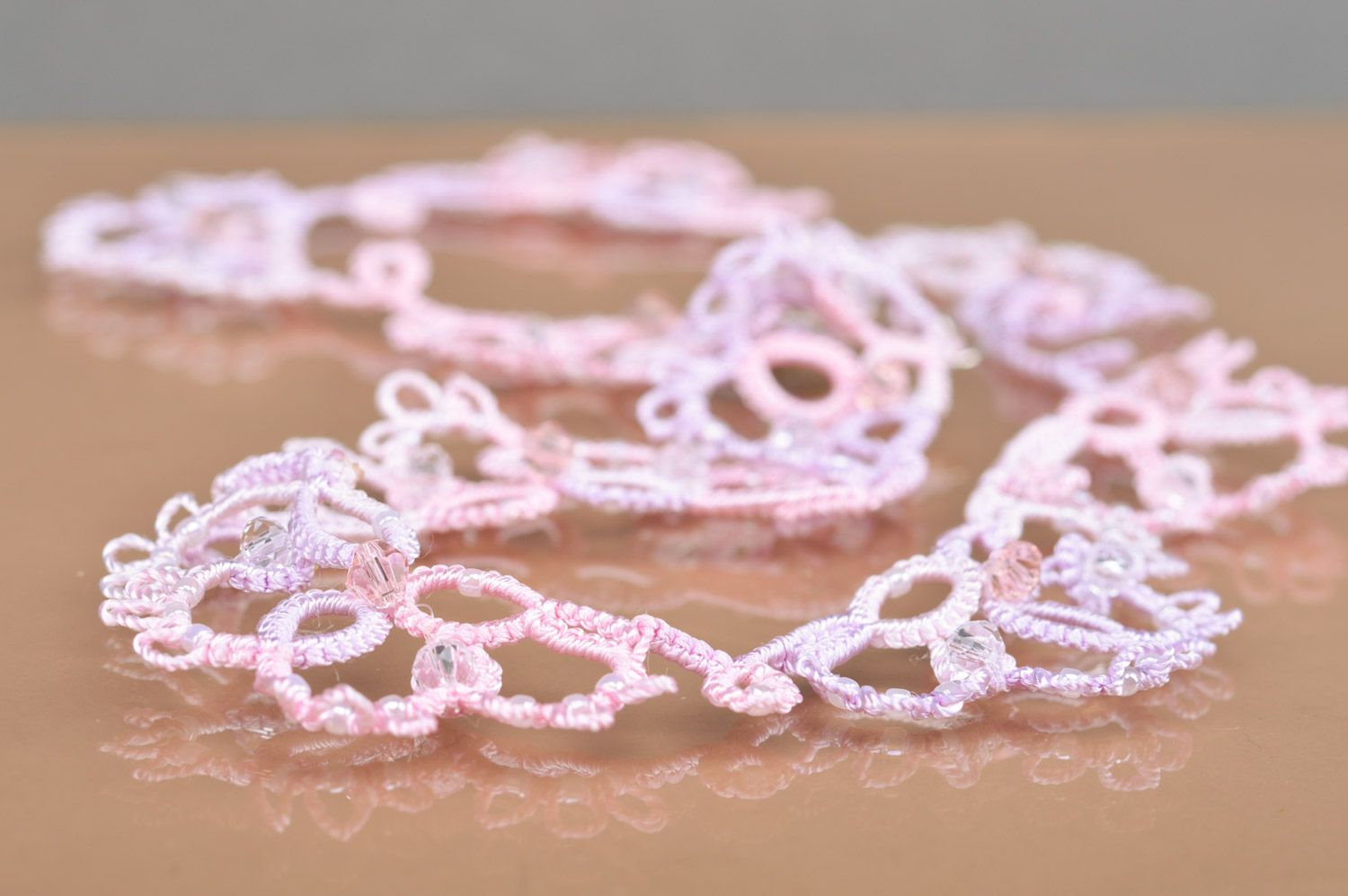 Handmade gentle woven tatting necklace of pastel colors photo 4