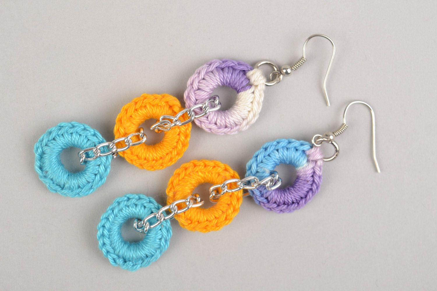 Handmade beautiful long round earrings woven of multicolored threads present for girl photo 2