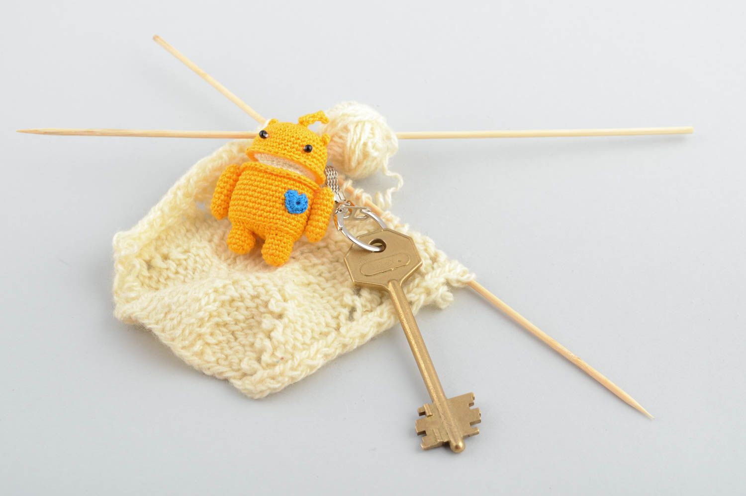 Keychain with soft toy crocheted yellow accessory for children hand made photo 1
