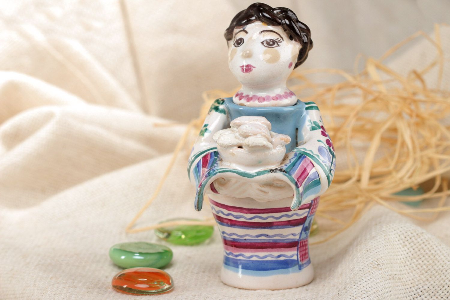 Handmade miniature decorative ceramic statuette of woman with dish photo 1