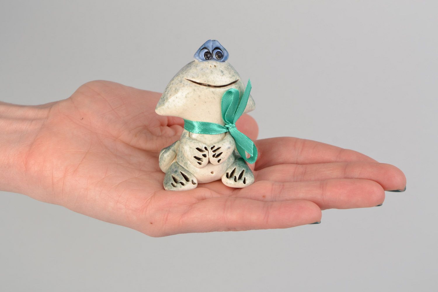 Handmade designer cute ceramic figurine of frog boy painted with colorful glaze photo 2
