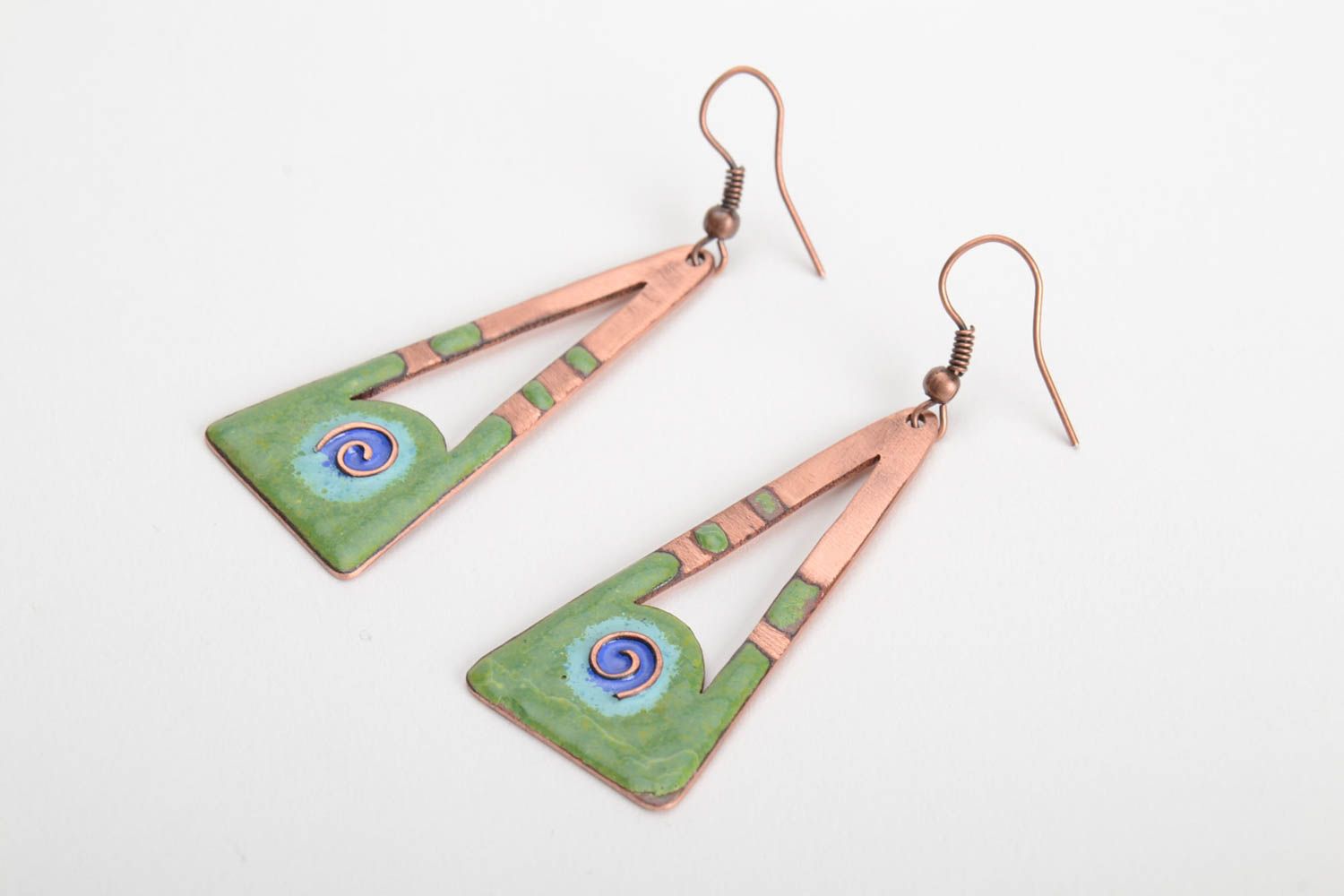 Handmade copper green earrings with hot enamel painting beautiful stylish gift photo 2