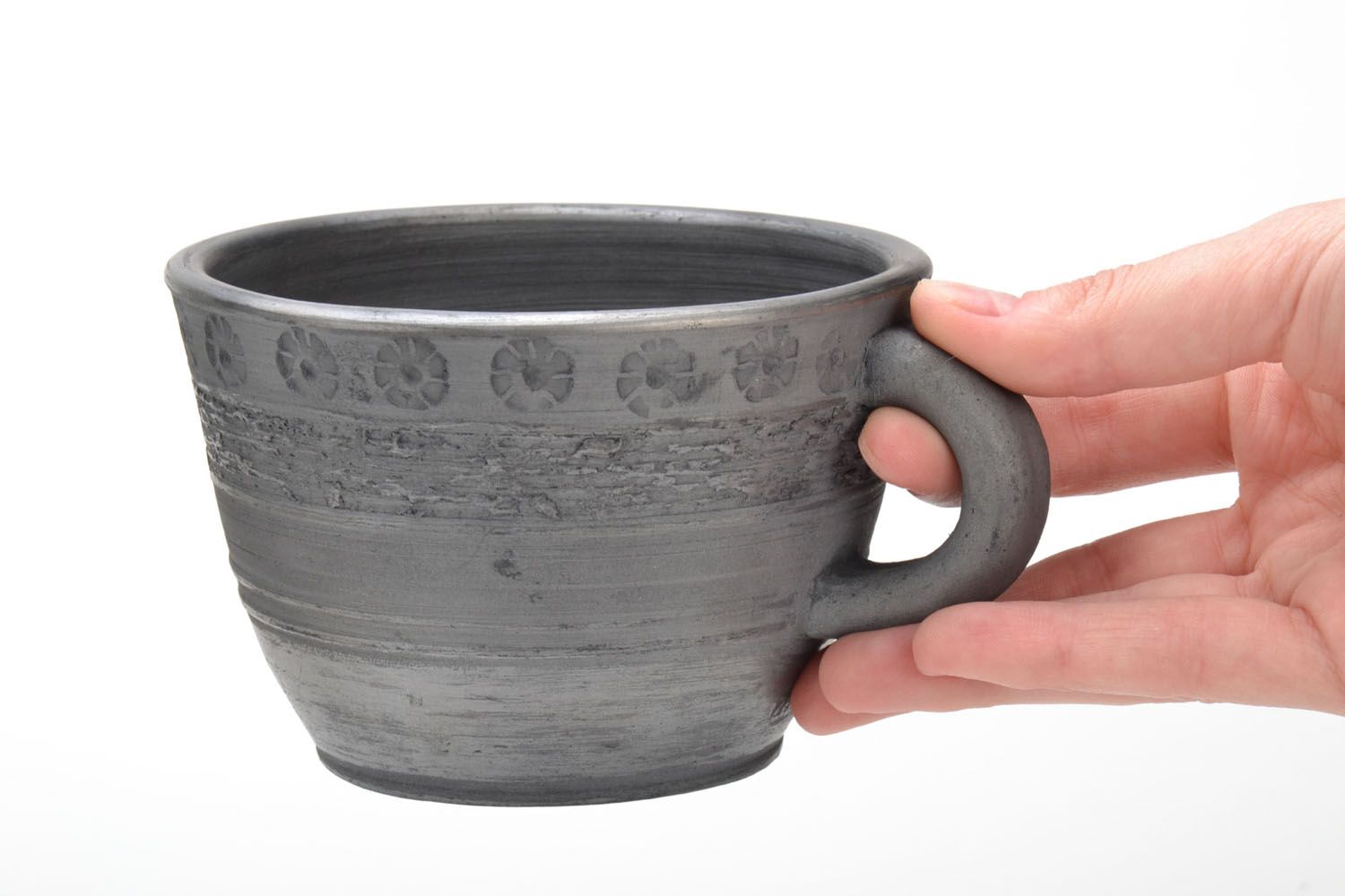 Smoked black natural clay coffee cup with handle and rustic floral pattern photo 2