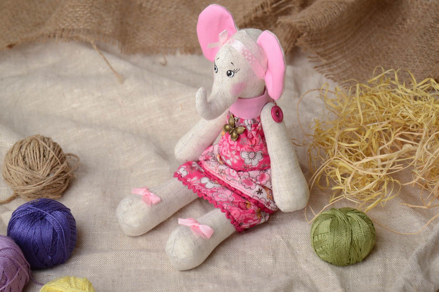 Handmade small soft toy sewn of linen and cotton elephant girl in pink dress photo 1