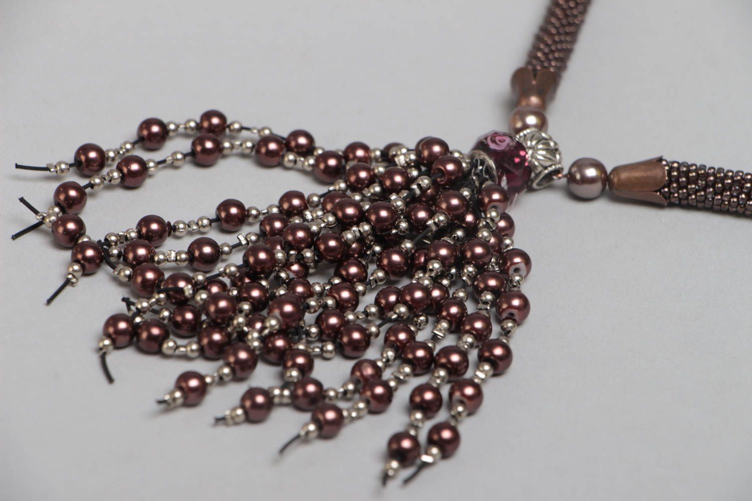 Handmade dark long bead woven cord necklace with beaded pendant photo 3