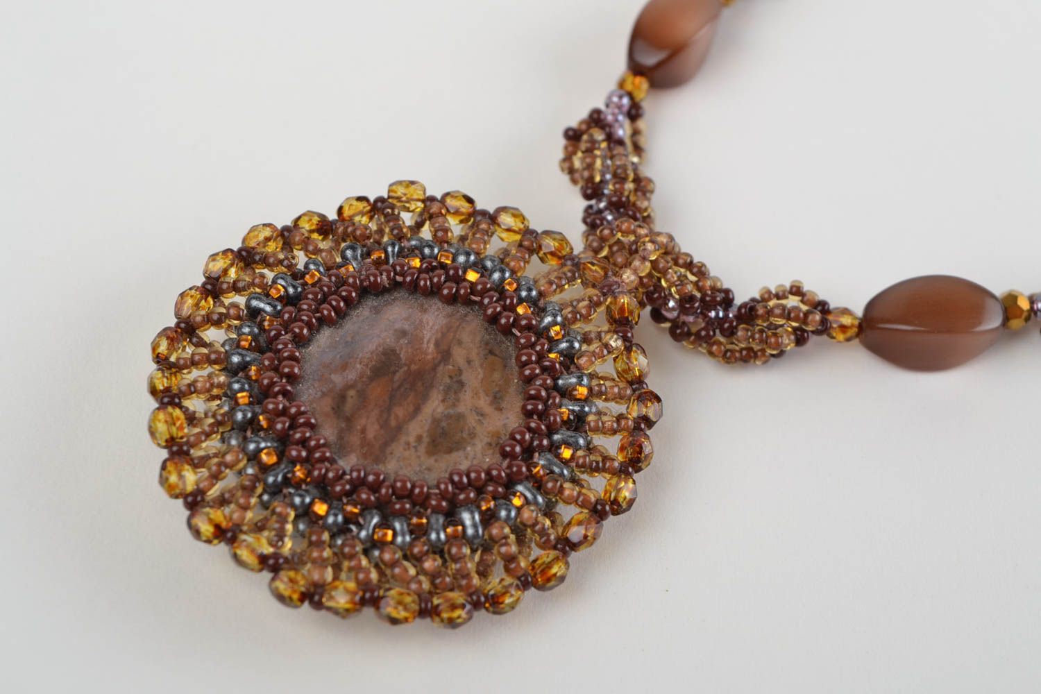 Handmade beaded pendant with natural stones long brown designer accessory photo 4