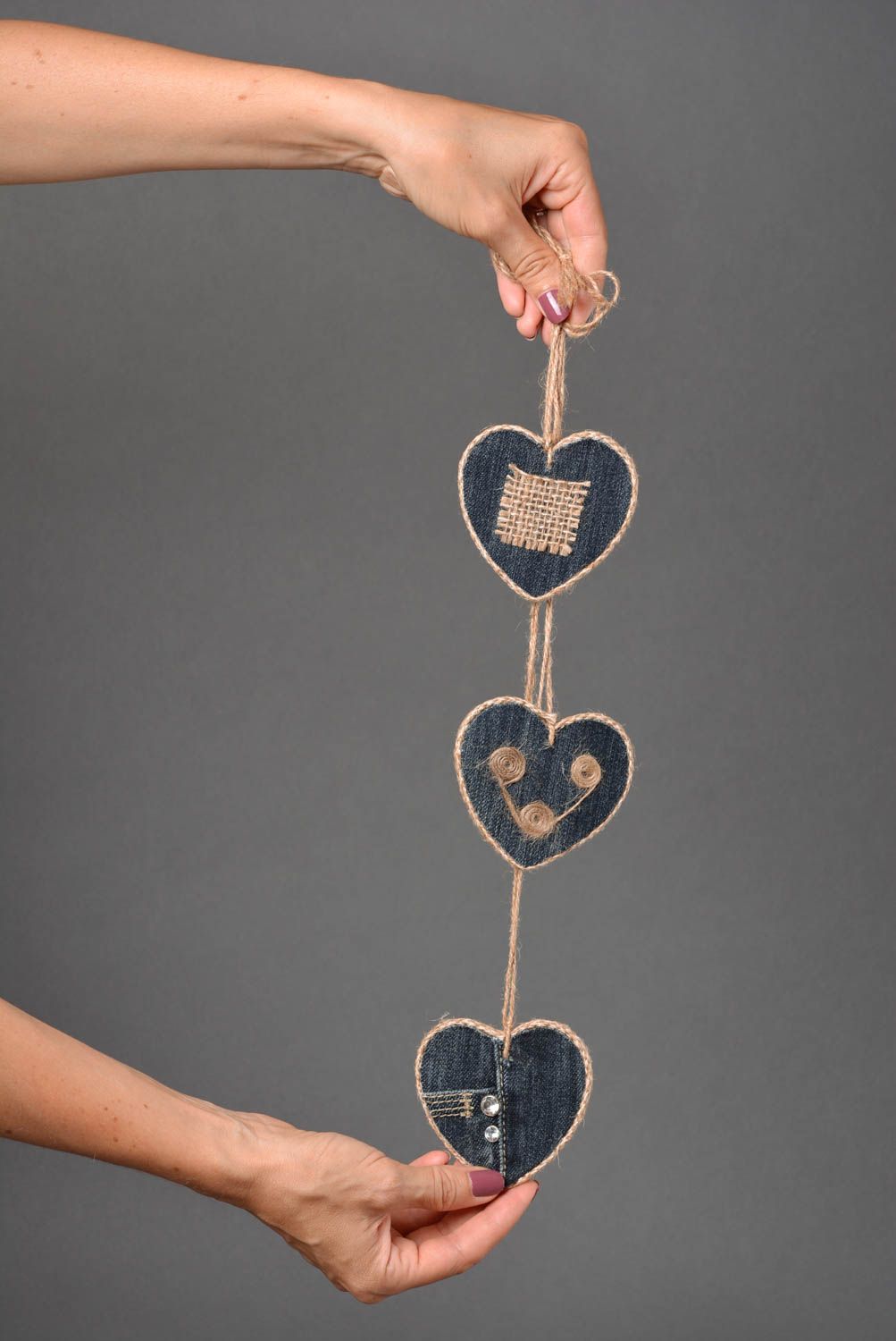 Coeurs à suspendre fait main Accessoires design Déco maison jean bois ficelle photo 4