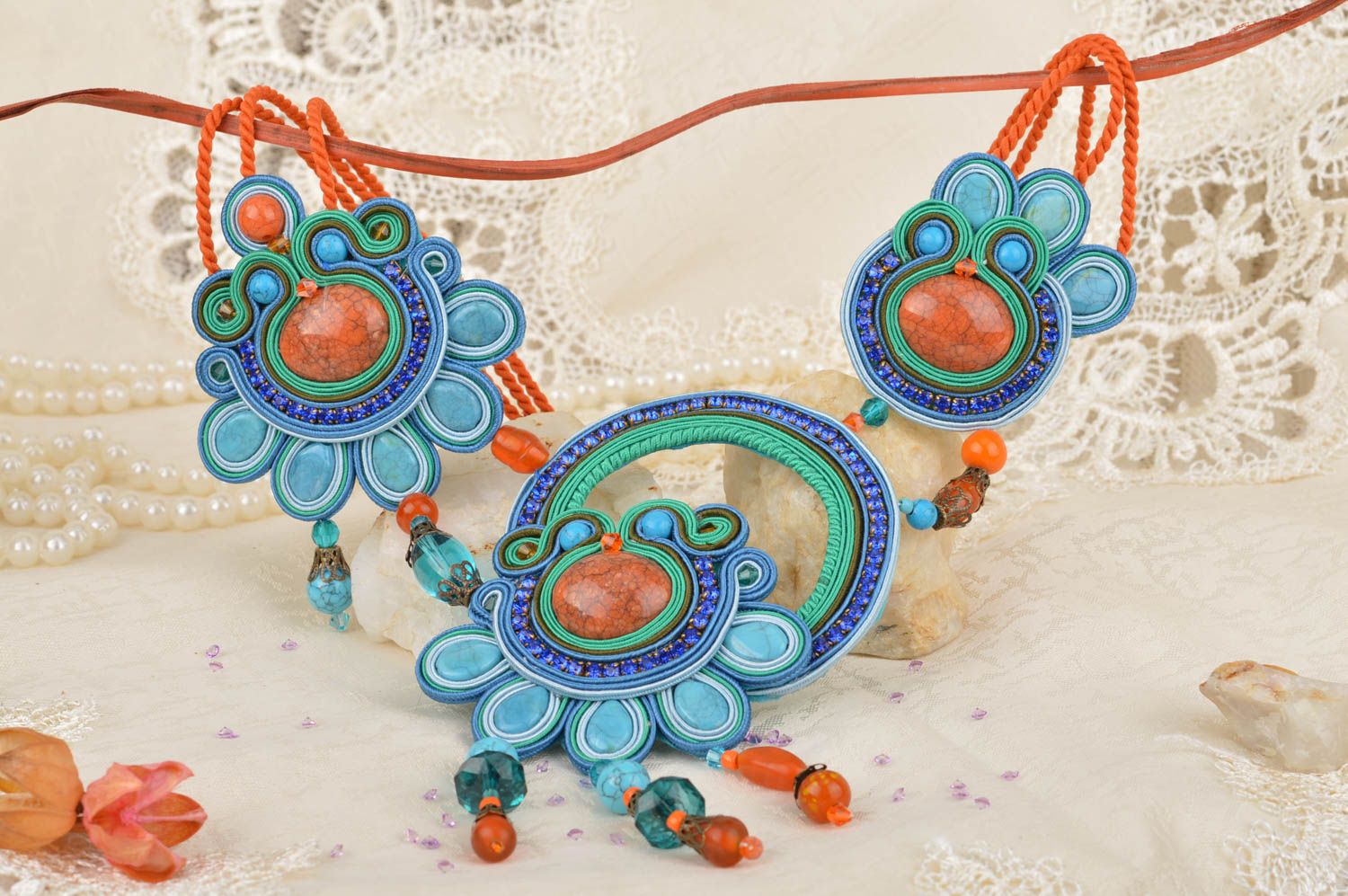 Unusual beautiful women's handmade designer soutache cord necklace with beads photo 1
