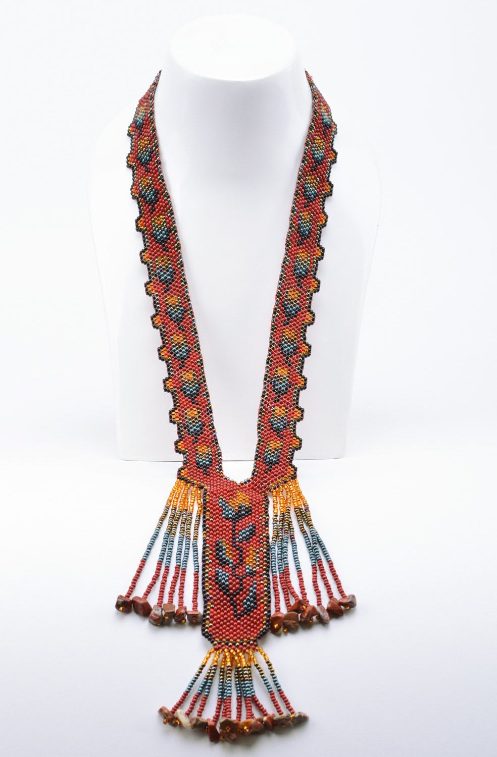 Handmade dark long flower gerdan necklace woven of Czech beads photo 5