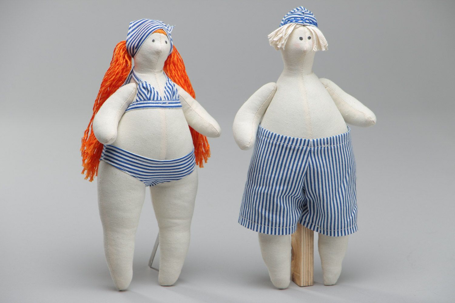 Set of 2 beautiful handmade soft dolls sewn of fabrics Couple of Beach Goers photo 2