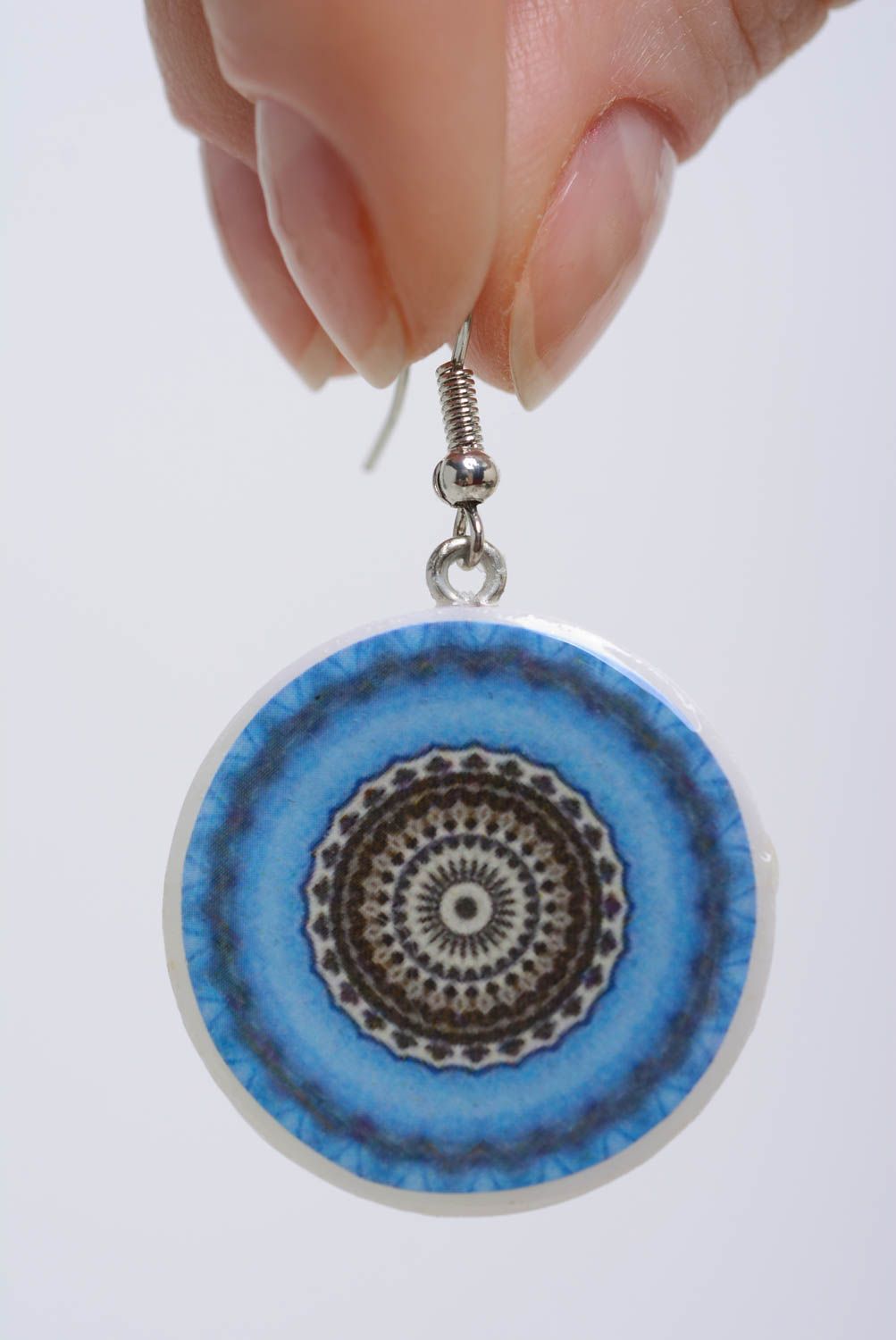 Earrings made of polymer clay with pattern round-shaped blue handmade jewelry photo 4