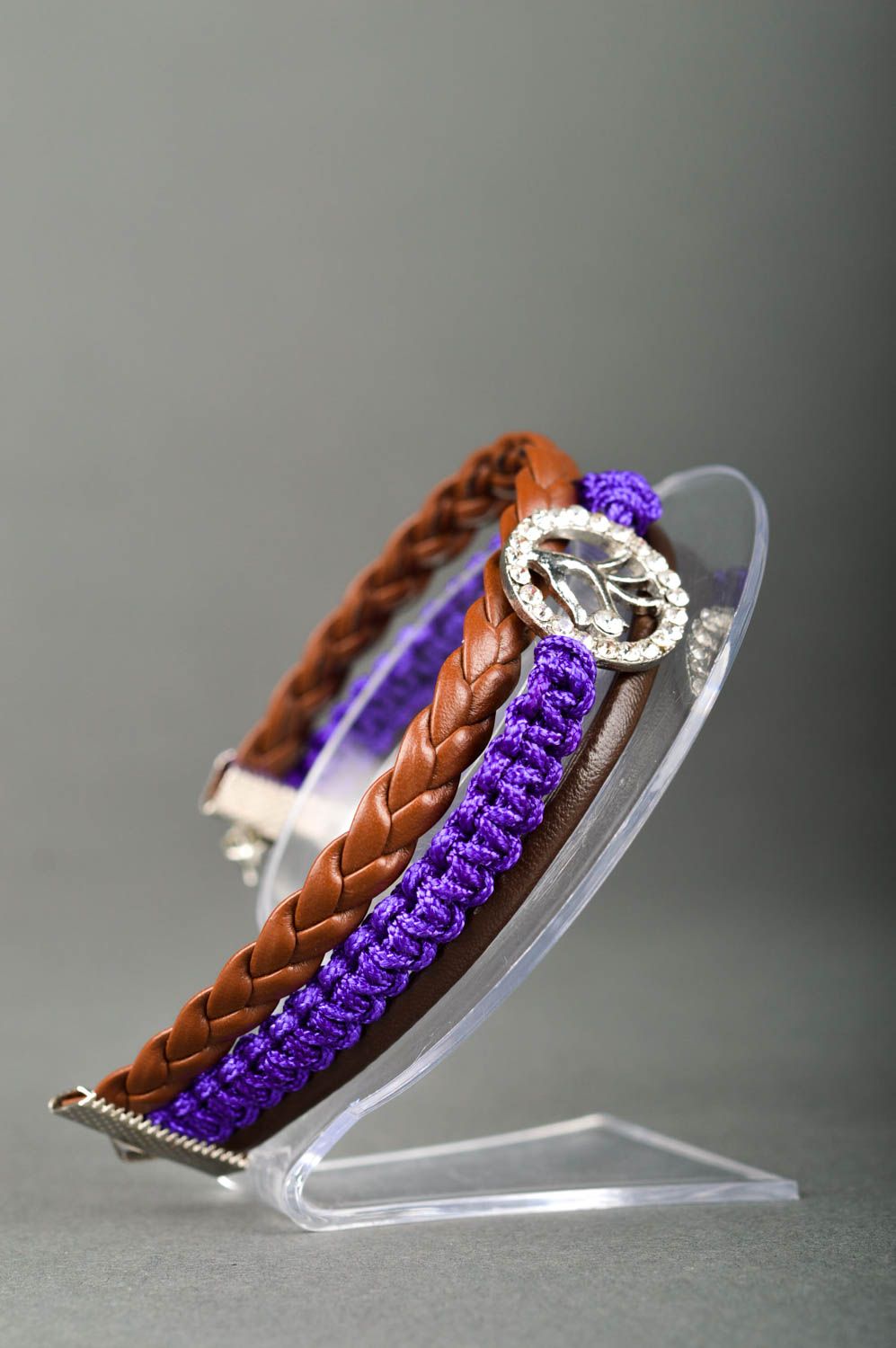 Браслет из шнуров браслет ручной работы модная бижутерия коричневая с фиолетовым фото 2