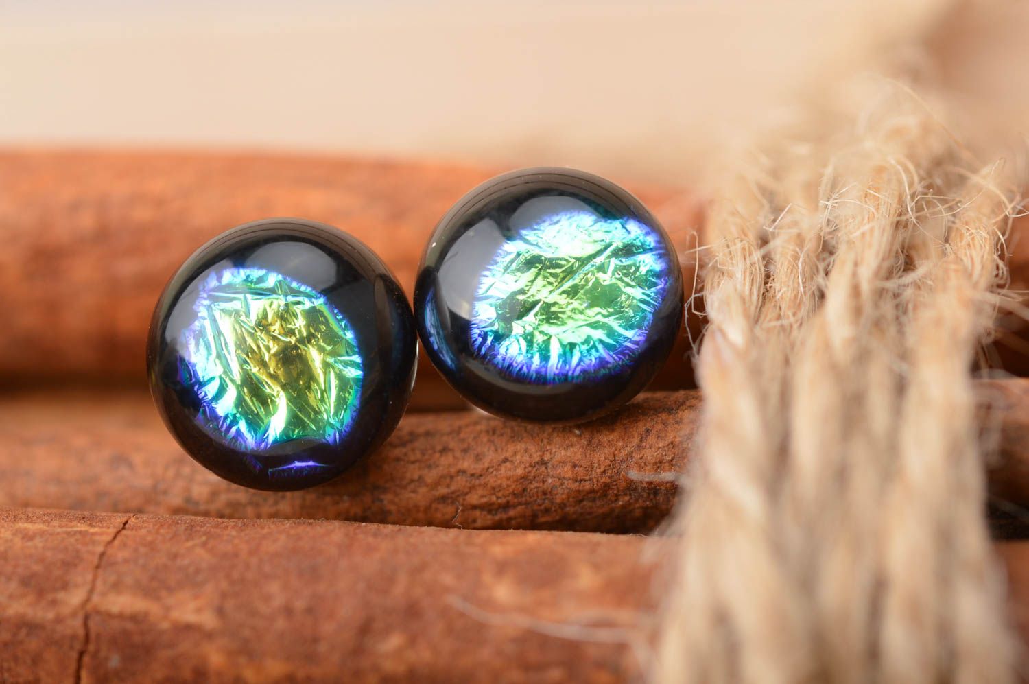 Unusual beautiful handmade designer round stud earrings with dichroic glass photo 1
