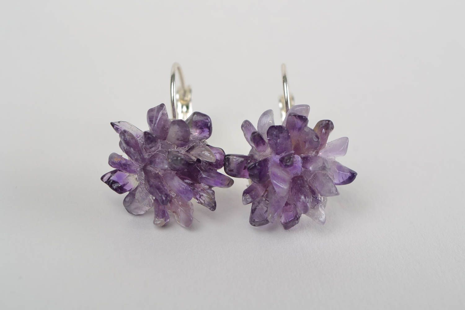 Lilac beautiful handmade earrings with amethyst stones in the shape of flowers photo 1