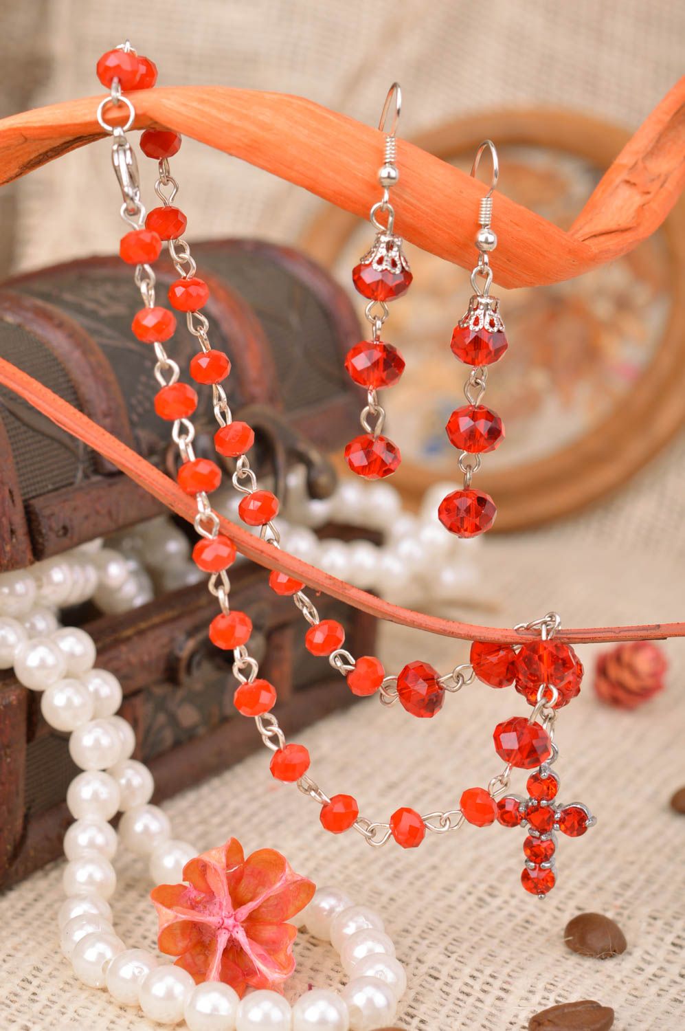 Handmade red beaded jewelry set cross pendant necklace and dangling earrings photo 1