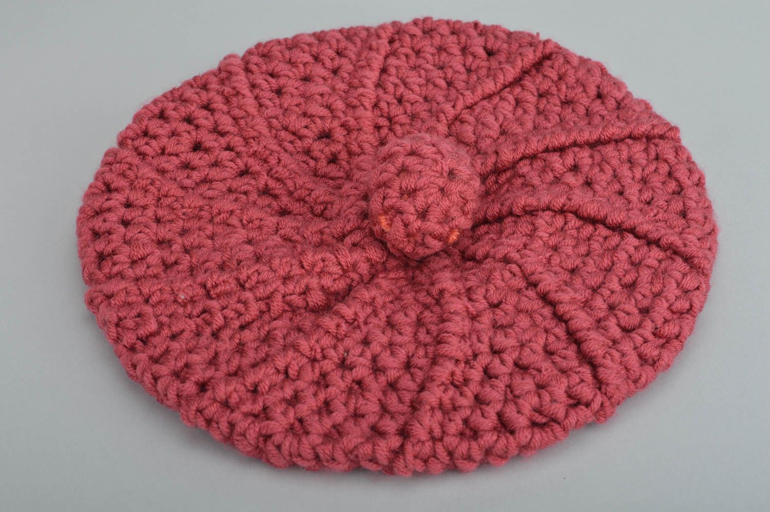 Crocheted handmade beautiful cherry color beret with pompom for children photo 2