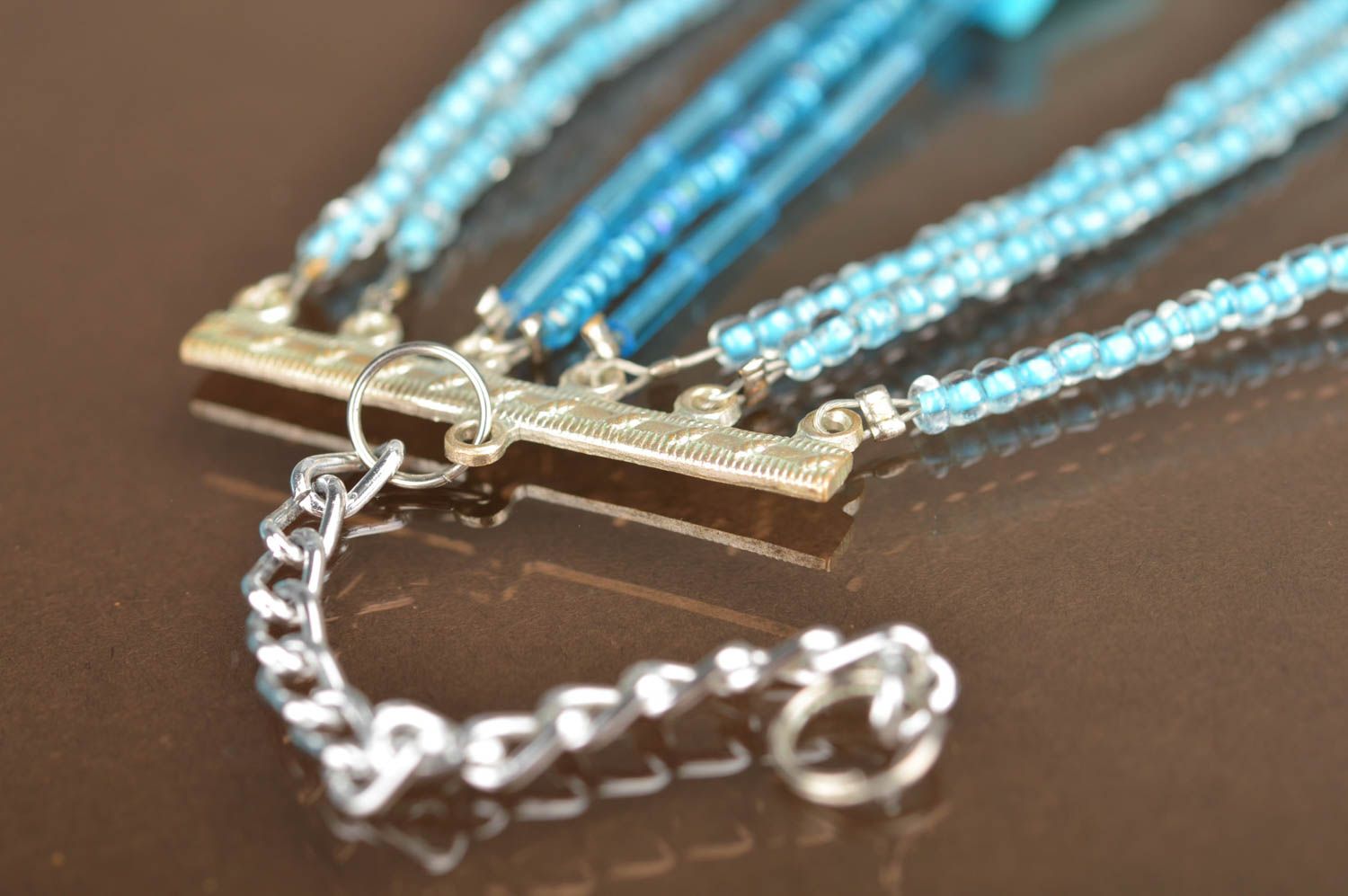 Stylish designer handmade blue multi-row wrist bracelet woven of beads photo 4