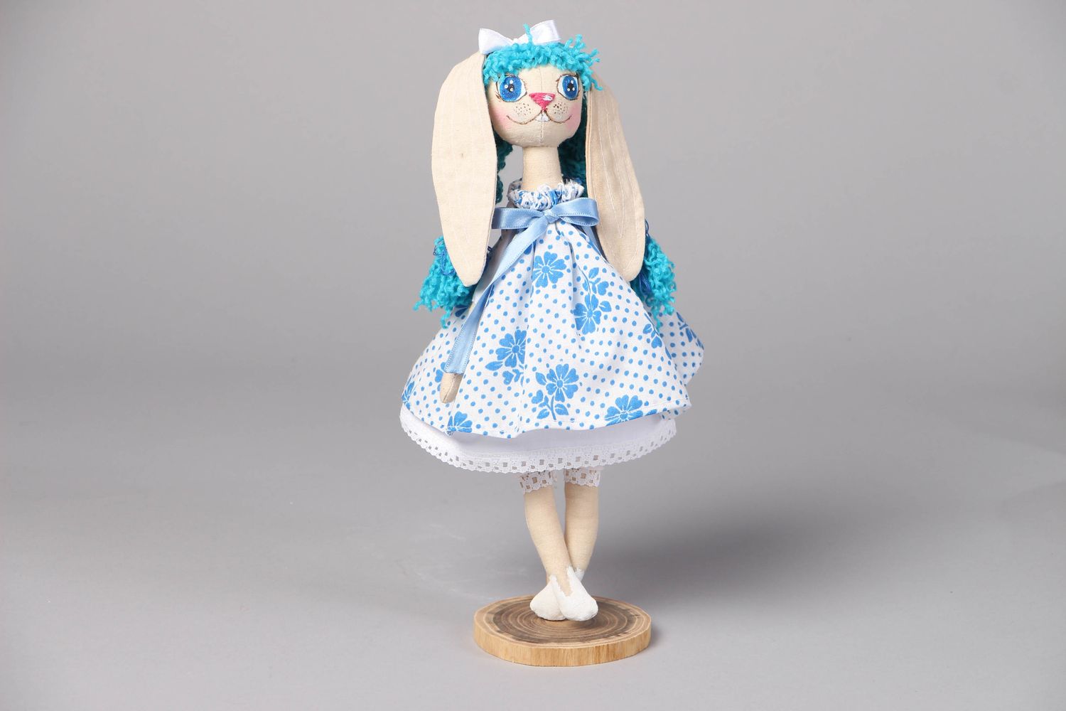 Soft fabric toy with holder Bunny in Blue photo 1