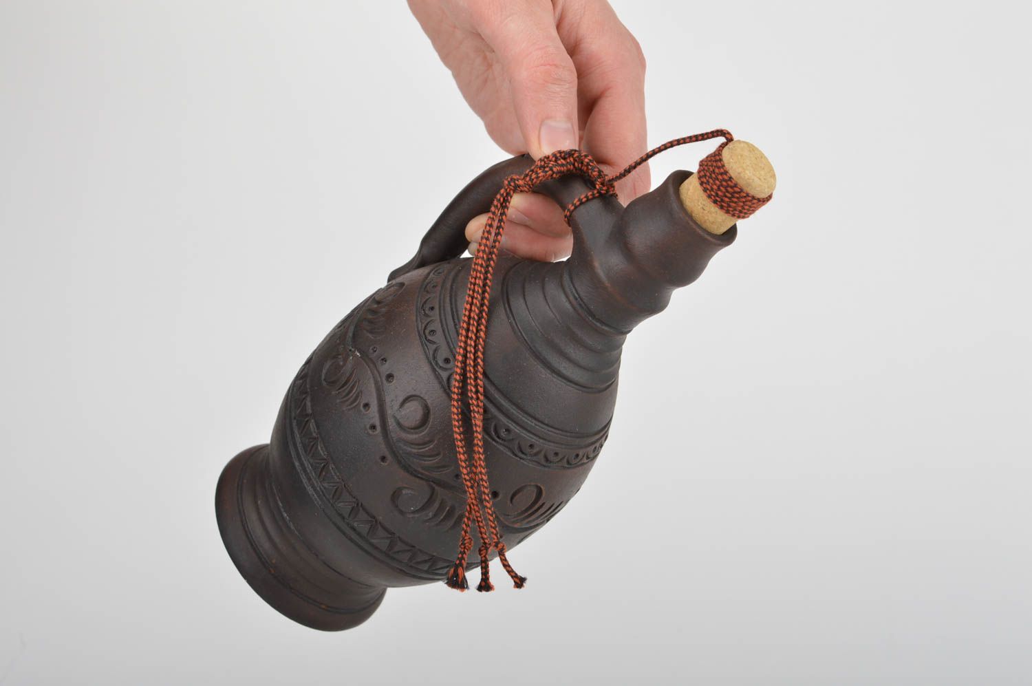 Handmade dark brown ceramic decorative bottle ornamented in ethnic style 700 ml photo 3