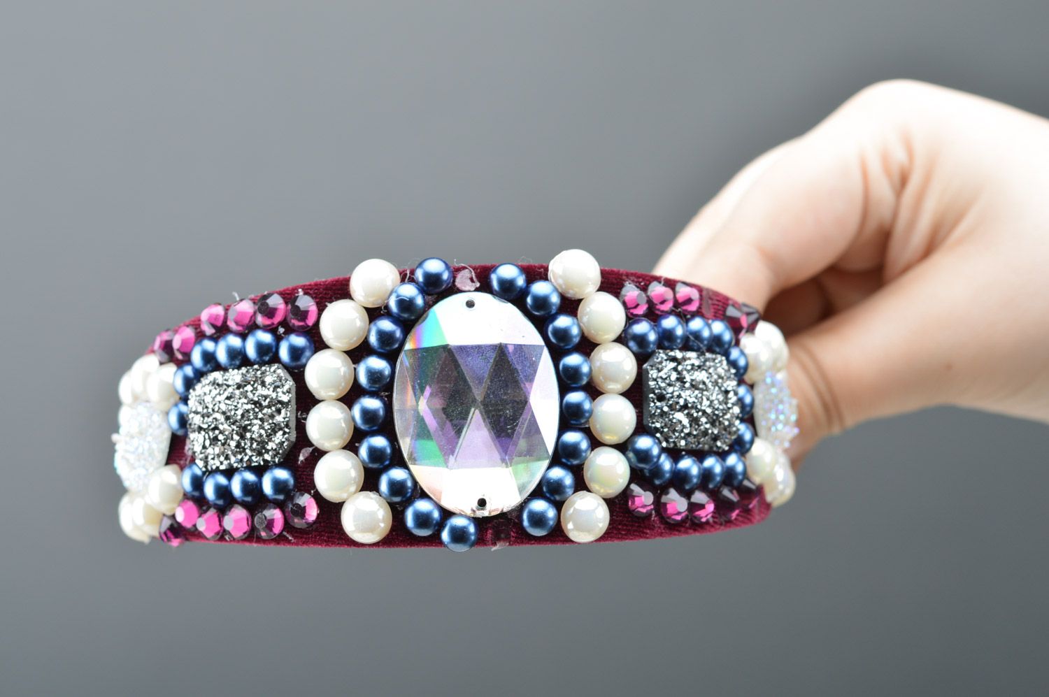 Handmade luxurious beaded headband embroidered with rhinestones and stones photo 5