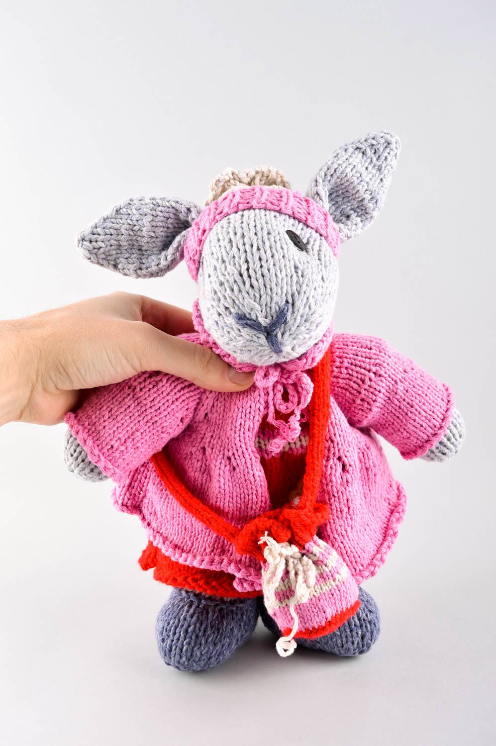Handmade unusual soft toy textile toys for kids pink knitted rabbit toy photo 5