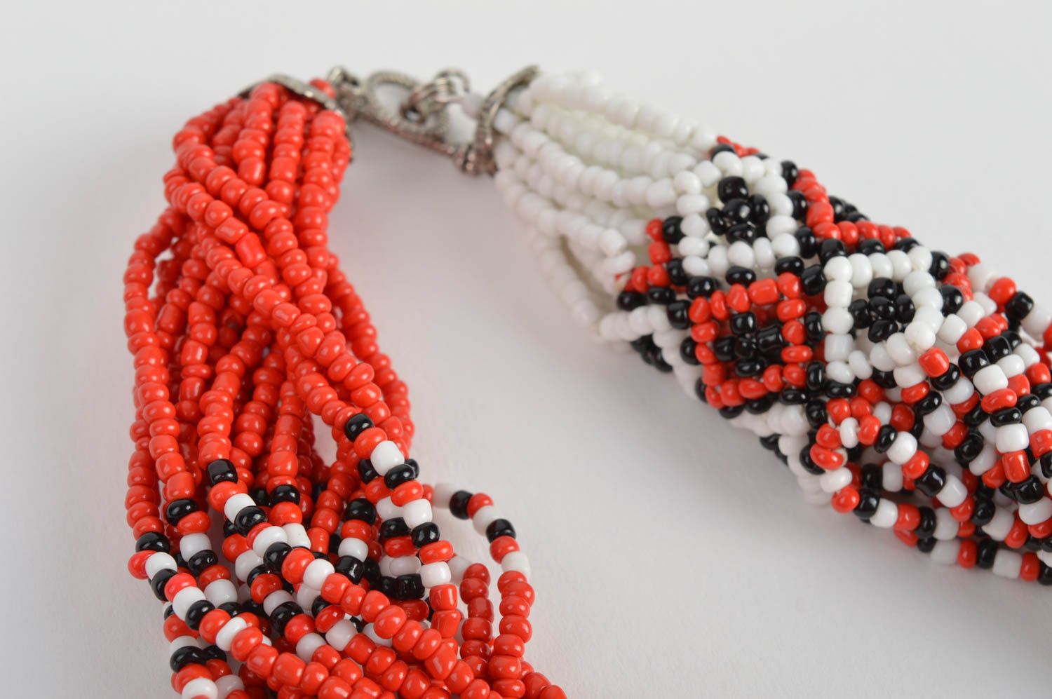 Handmade massive women's red and white beaded cord necklace with ethnic ornament photo 4
