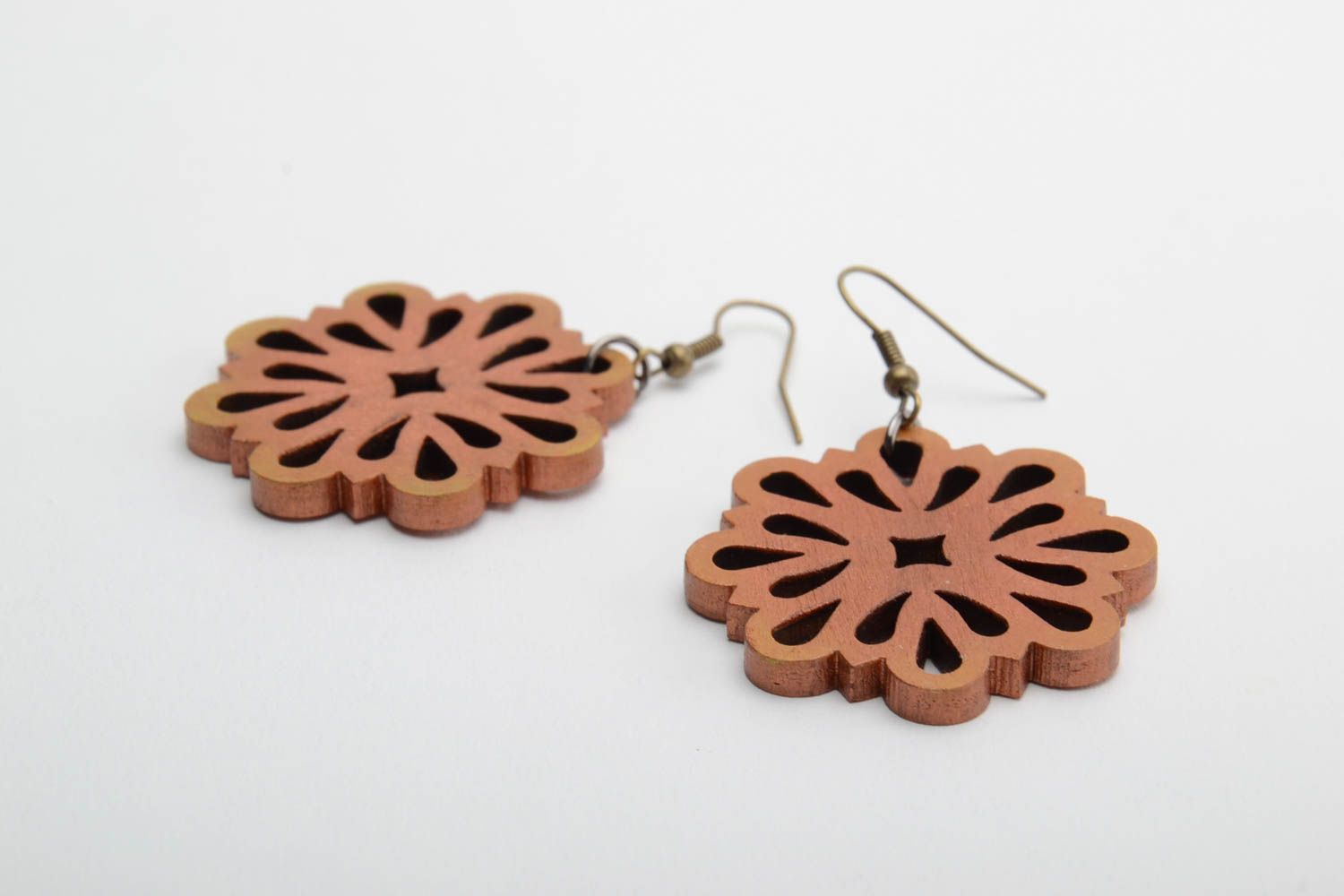 Handmade designer lacy dangling plywood earrings in the shape of flowers photo 3