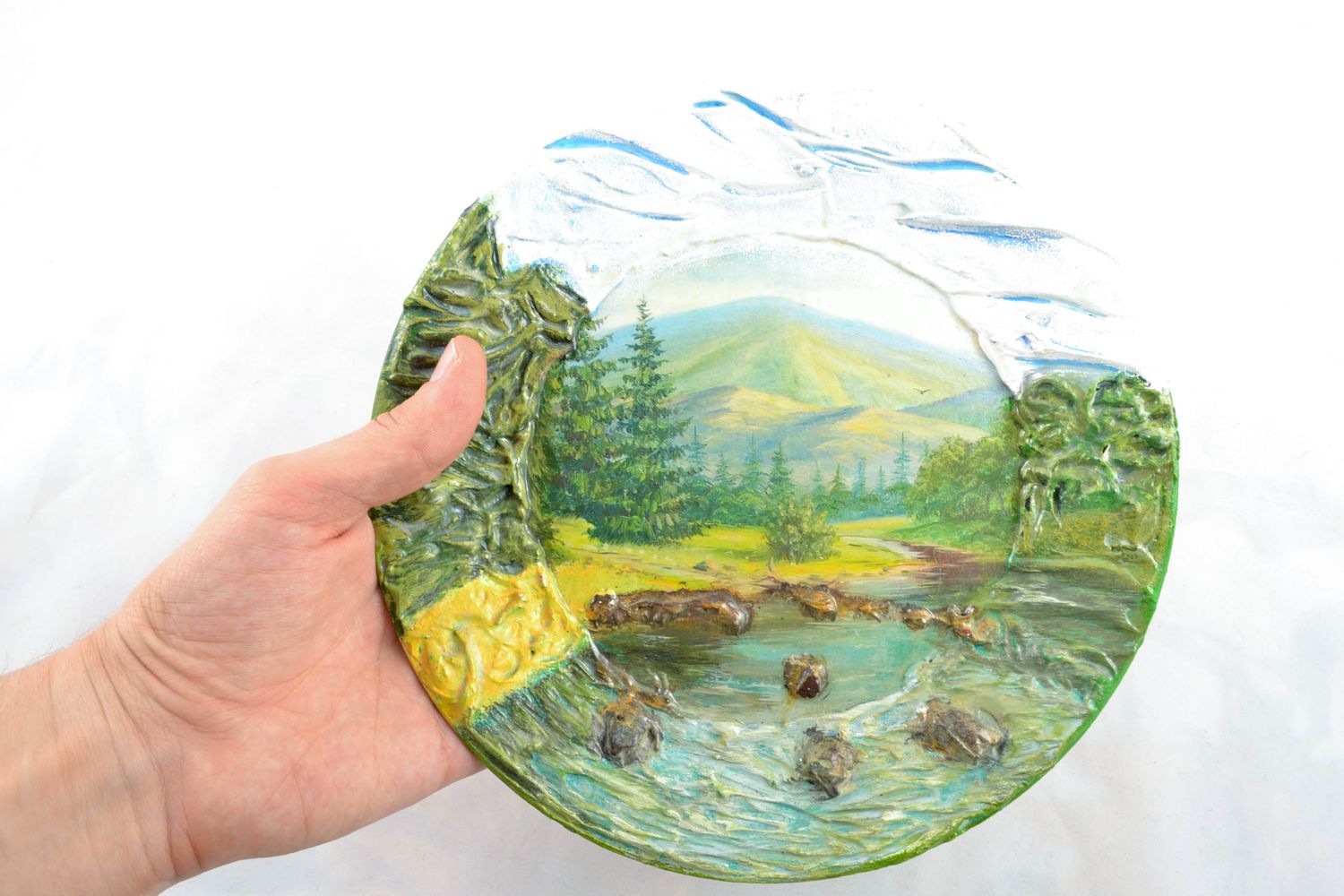 Porcelain wall plate decorated using decoupage technique Morning in Mountains photo 1