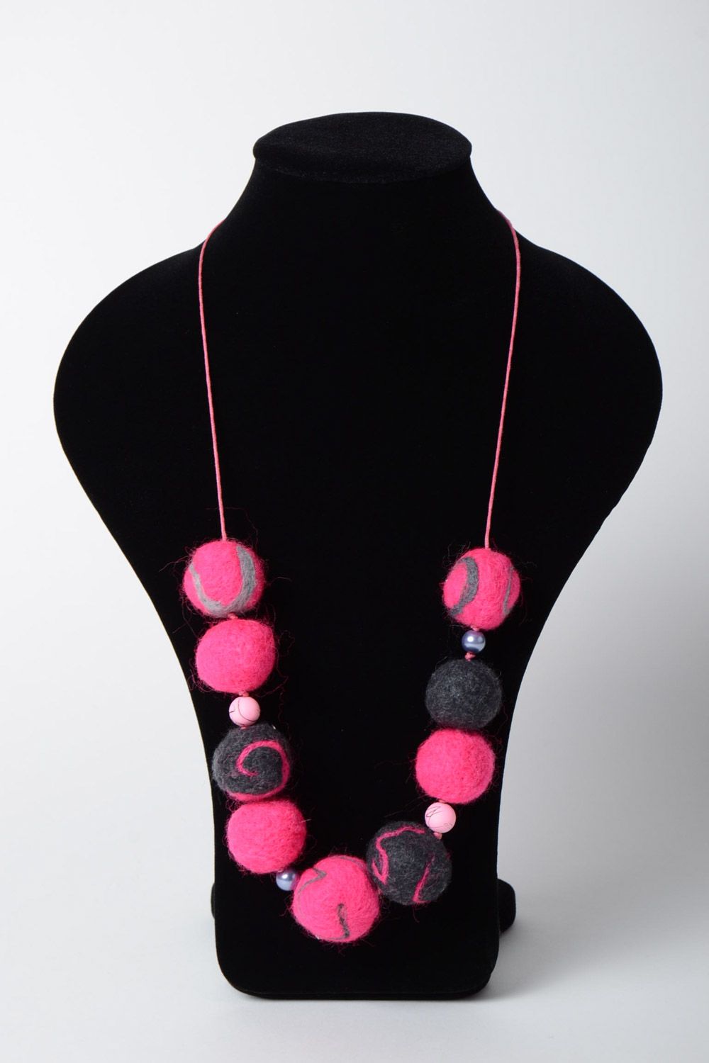 Bright pink and gray handmade wool ball necklace created using needle felting technique photo 5