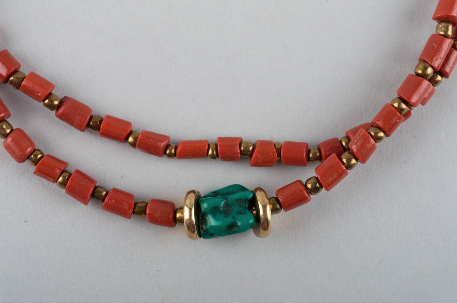 Handmade two row designer bead necklace with coral and turquoise stone for women photo 4
