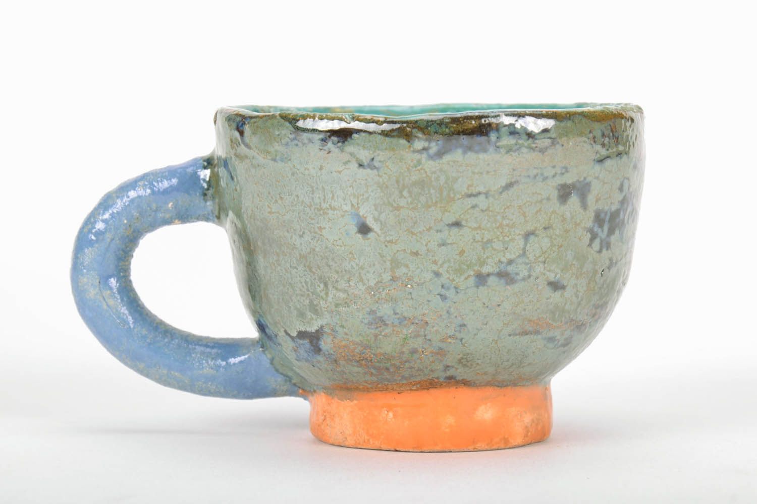 5 oz glazed hand-molded clay drinking cup in green, orange, blue color photo 2