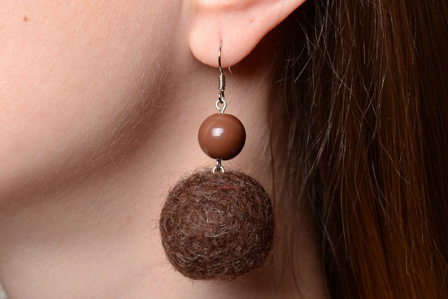 Brown handmade soft felted wool earrings with beads photo 1