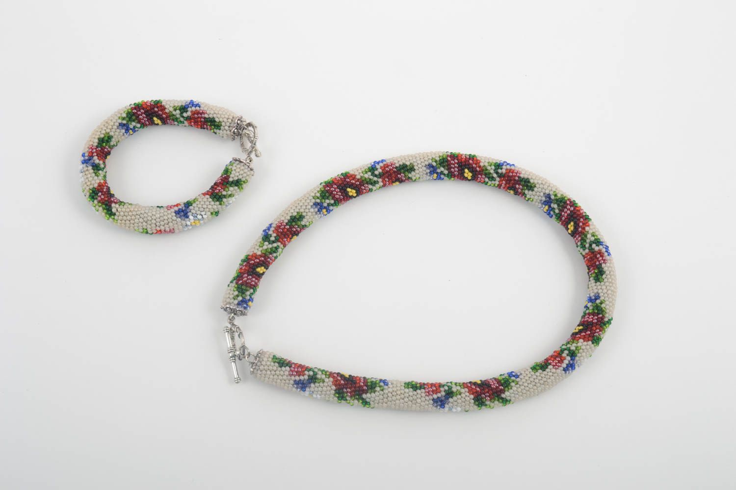 Handmade Schmuck Set aus Rocailles Collier Halskette Damen Armband Mohnblumen foto 3