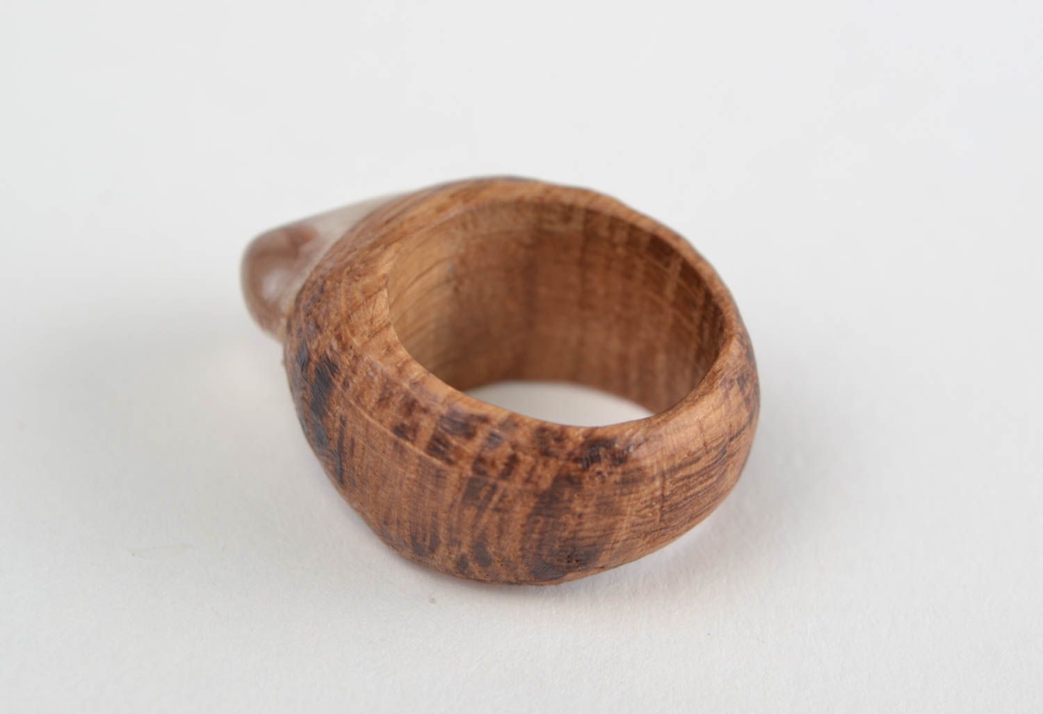 Handmade designer volume natural wooden ring with mountain crystal glass photo 5