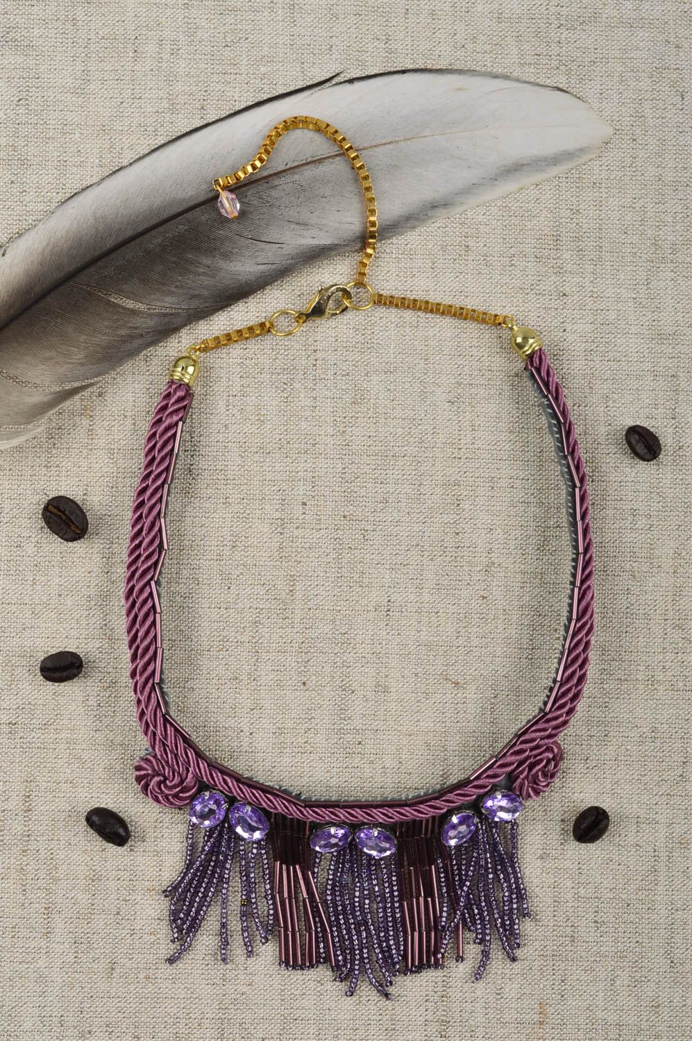 Handmade massive necklace unusual beaded jewelry lilac beautiful necklace photo 1