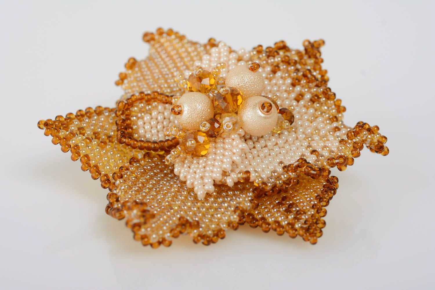 Brown handmade beaded brooch Flower stylish summer accessory for jacket photo 5