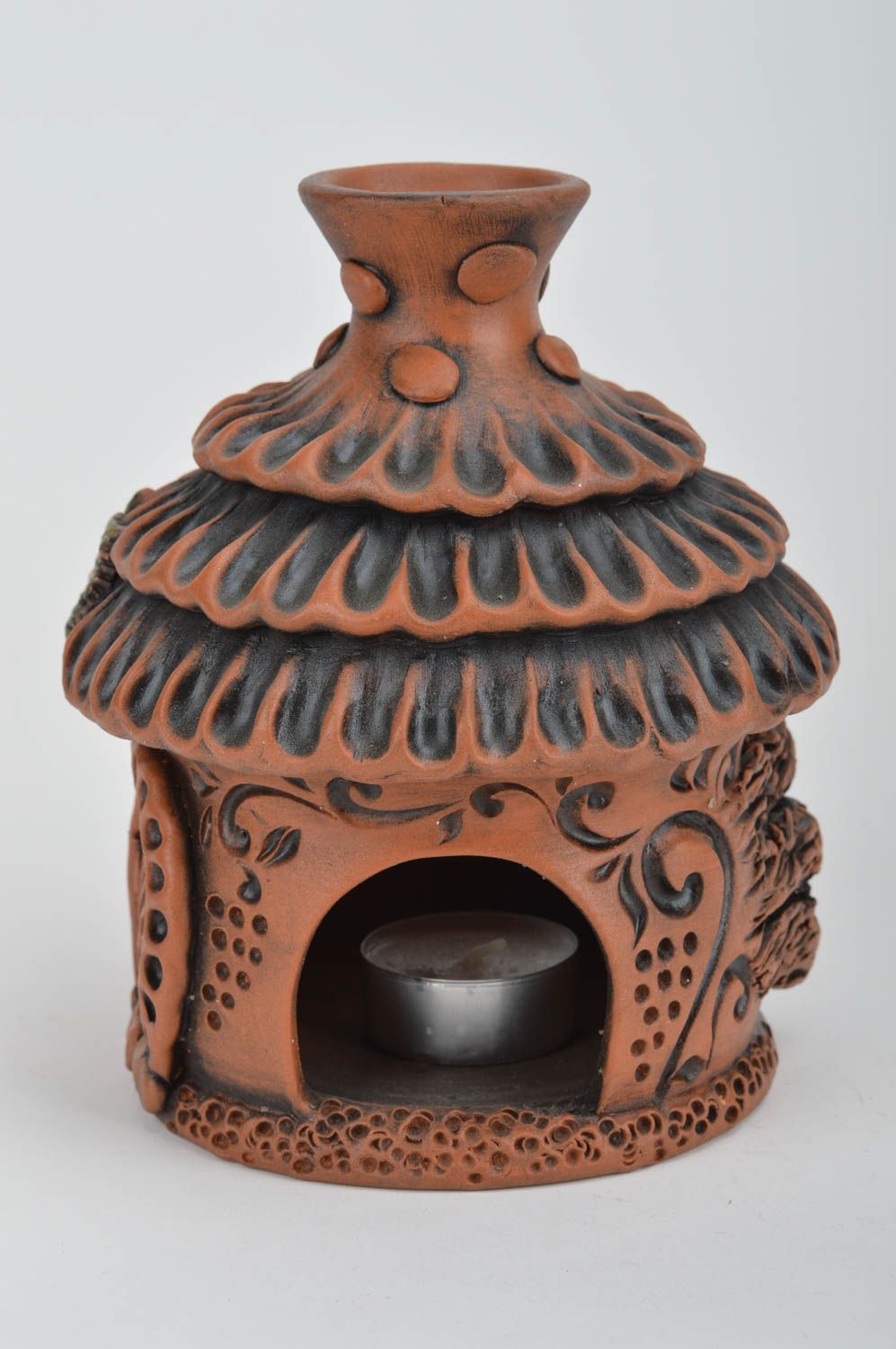 Ton Duftlampe für Teelicht aus Keramik in Form vom Häuschen handgemacht in Braun foto 5