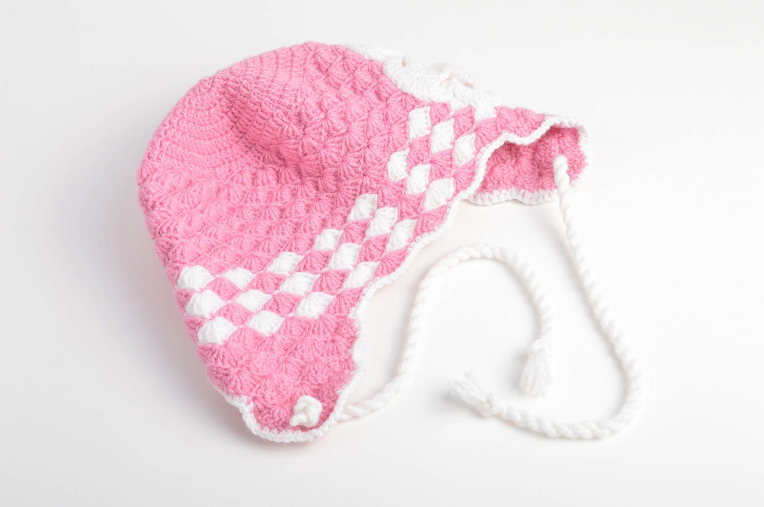 Bonnet tricot fait main Chapeau au crochet rose laine acrylique Vêtement fille photo 4