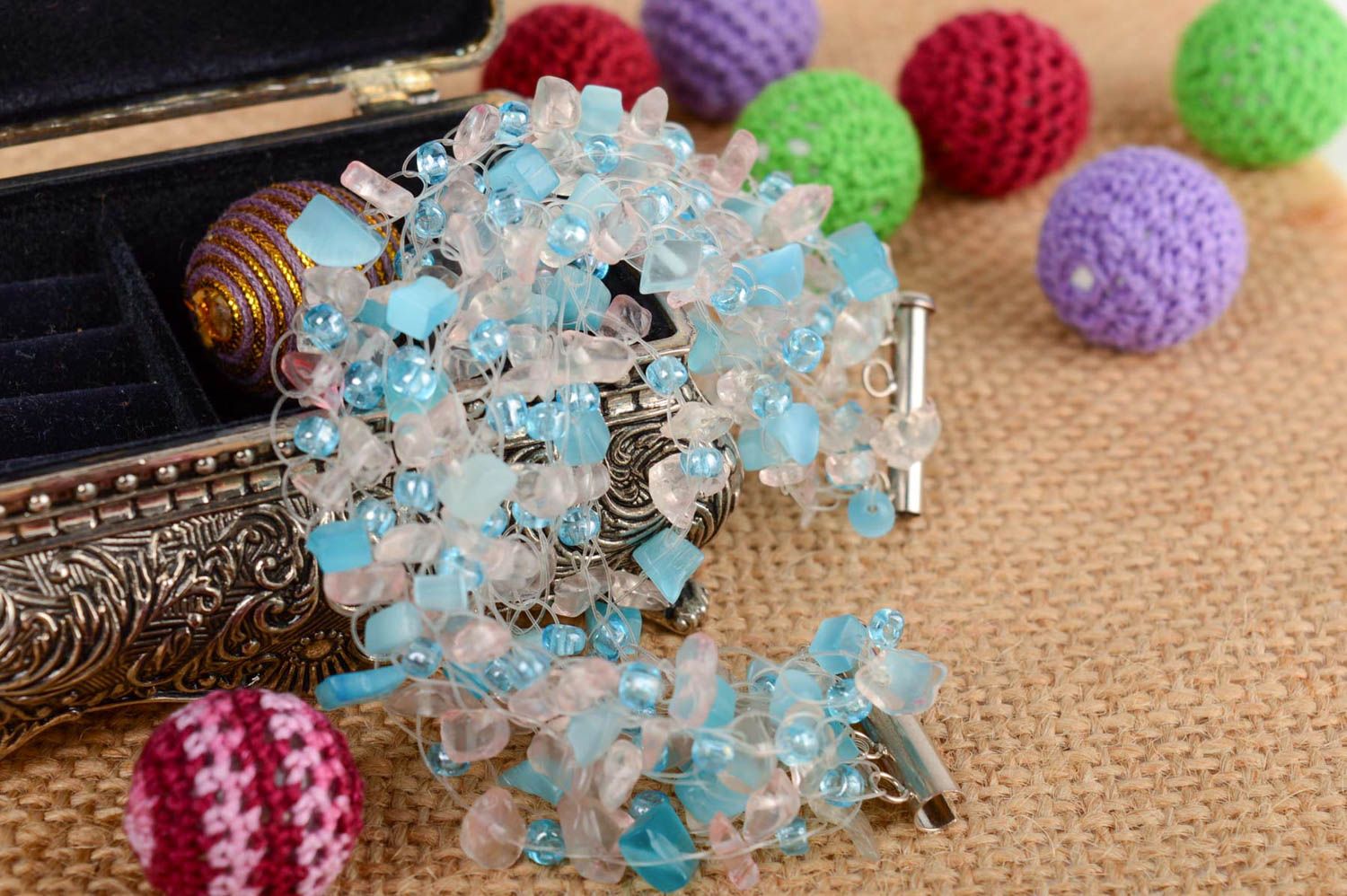Handmade designer airy light blue wrist fashion bracelet with quartz and cat eye stone beads photo 1