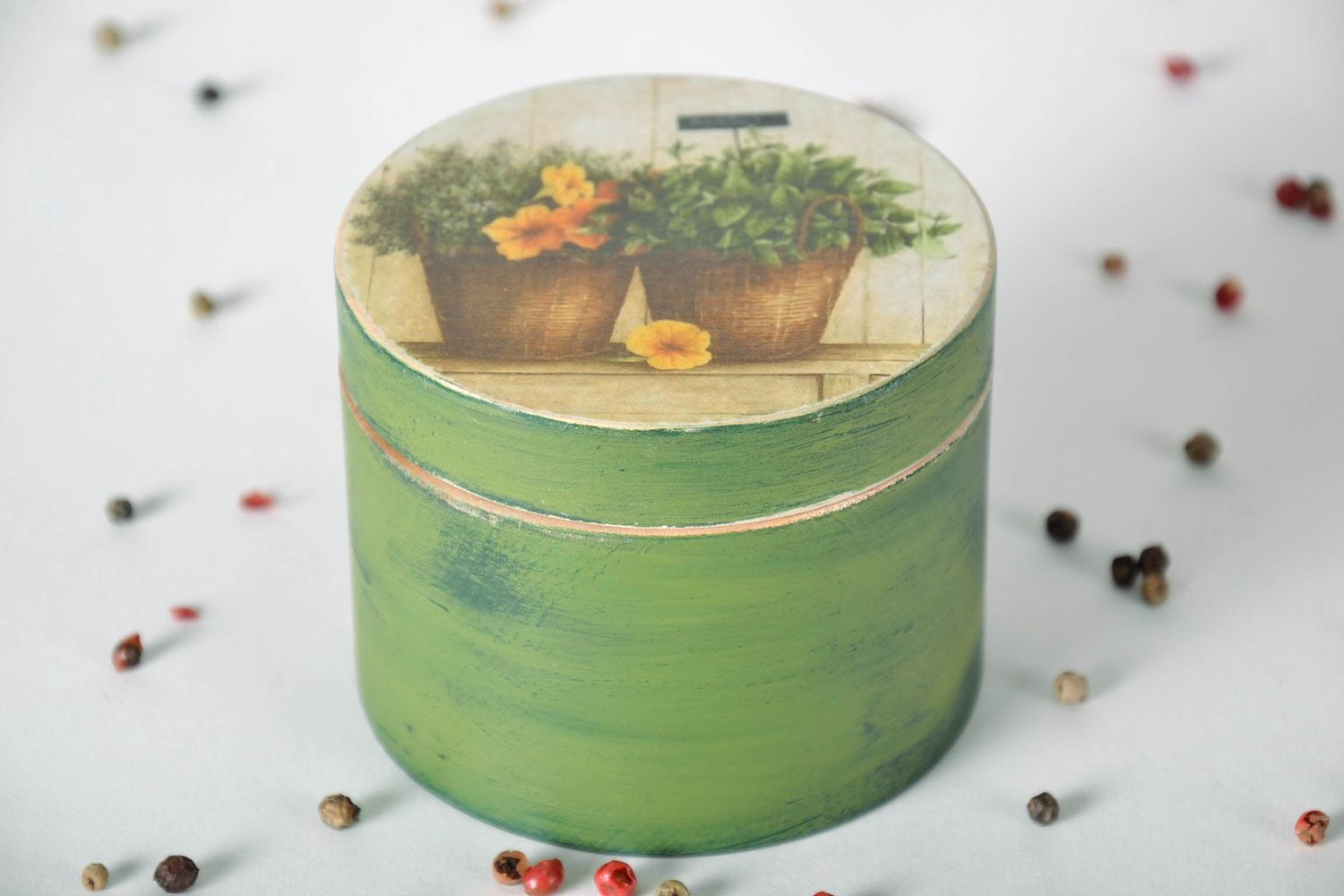 10 oz handmade green color round jar with a lid and hand-painted pattern 0,3 lb photo 1