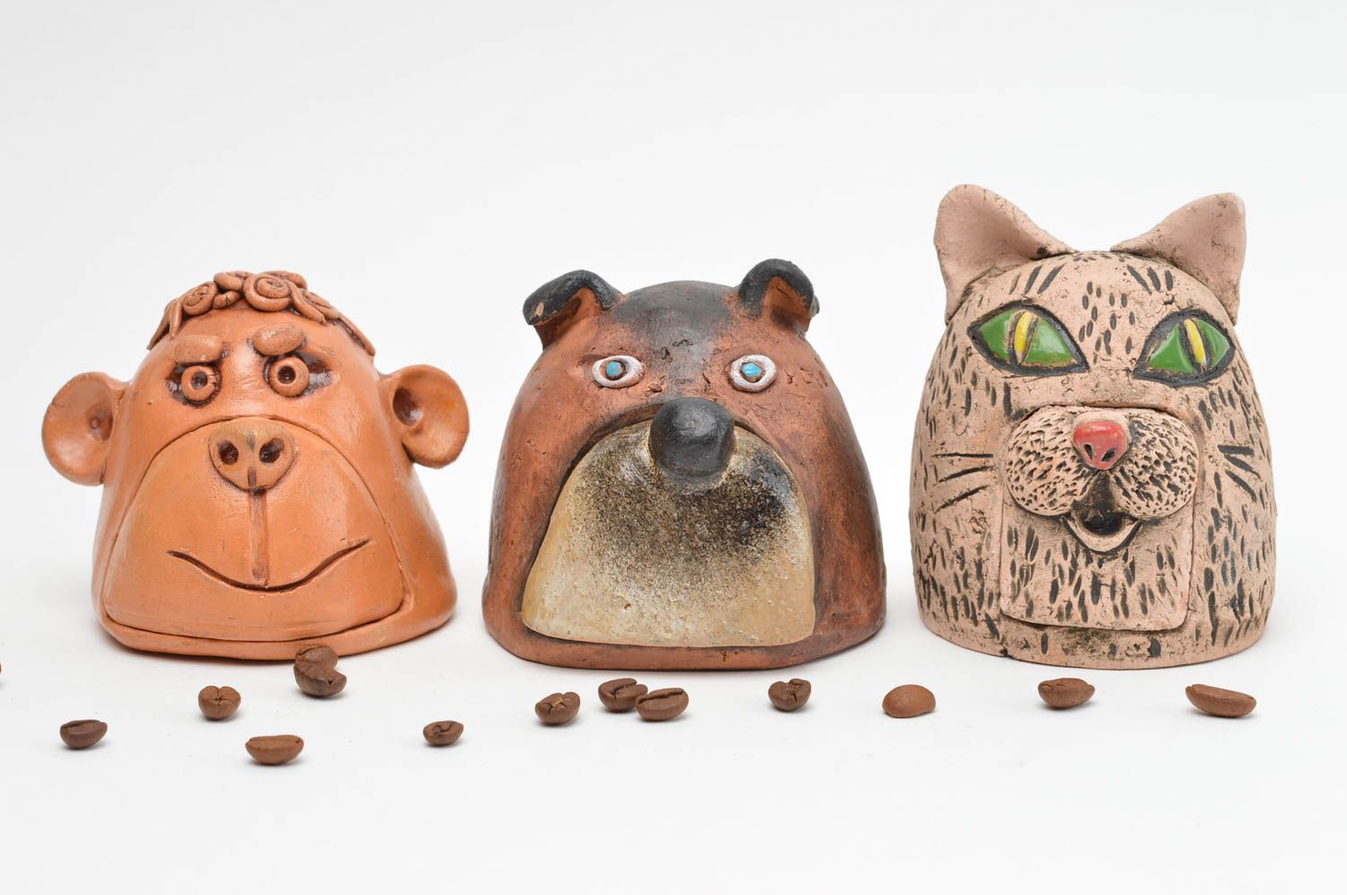 Boîtes en céramique faites main 3 pièces ensemble décoratif singe ours et chat photo 1