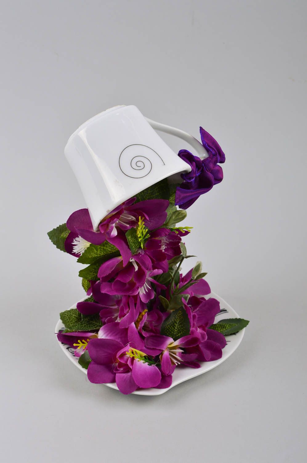 Topiario artificial taza con flores lilas elemento decorativo regalo original foto 2