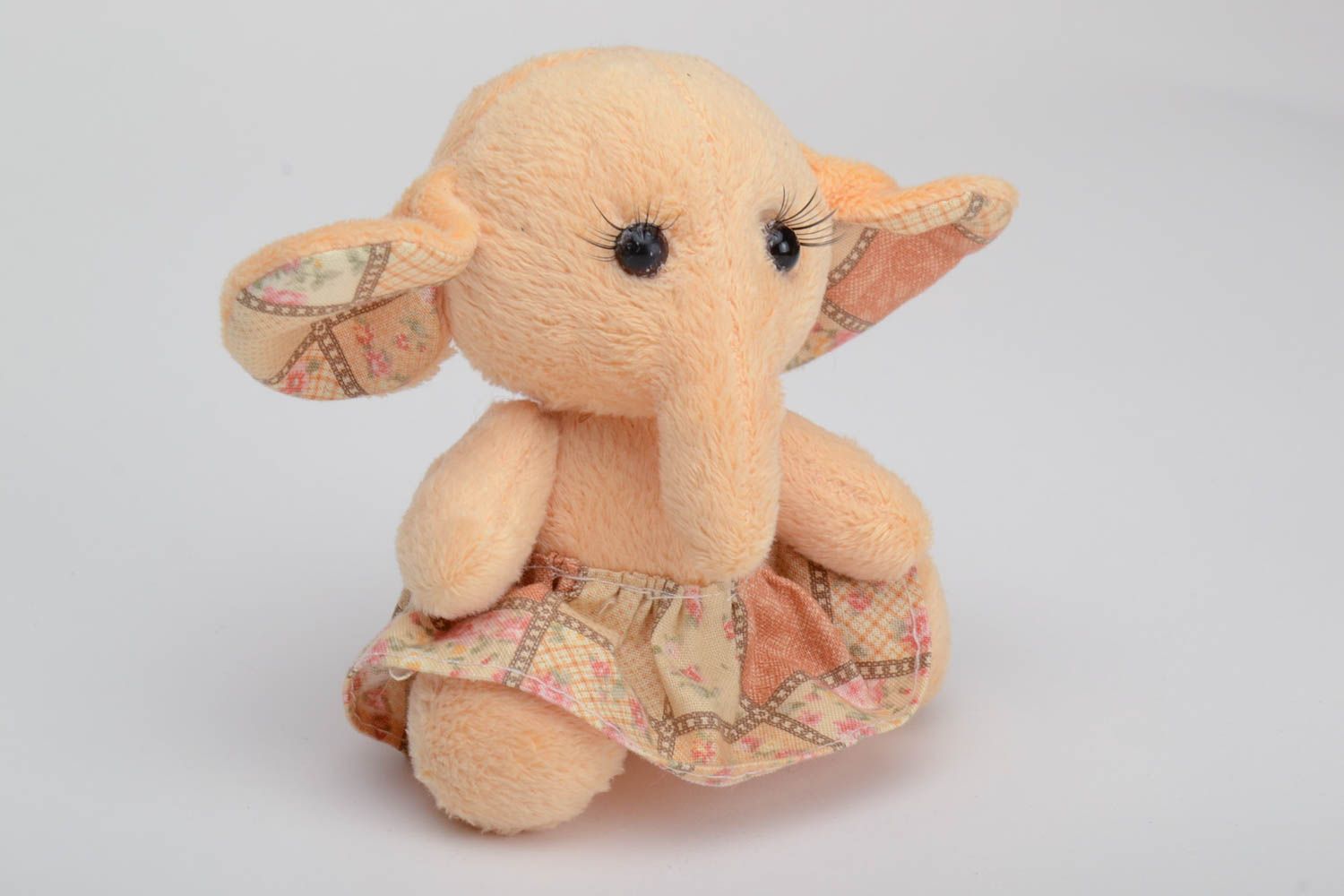 Handmade small plush soft toy elephant girl of peach color in skirt photo 2