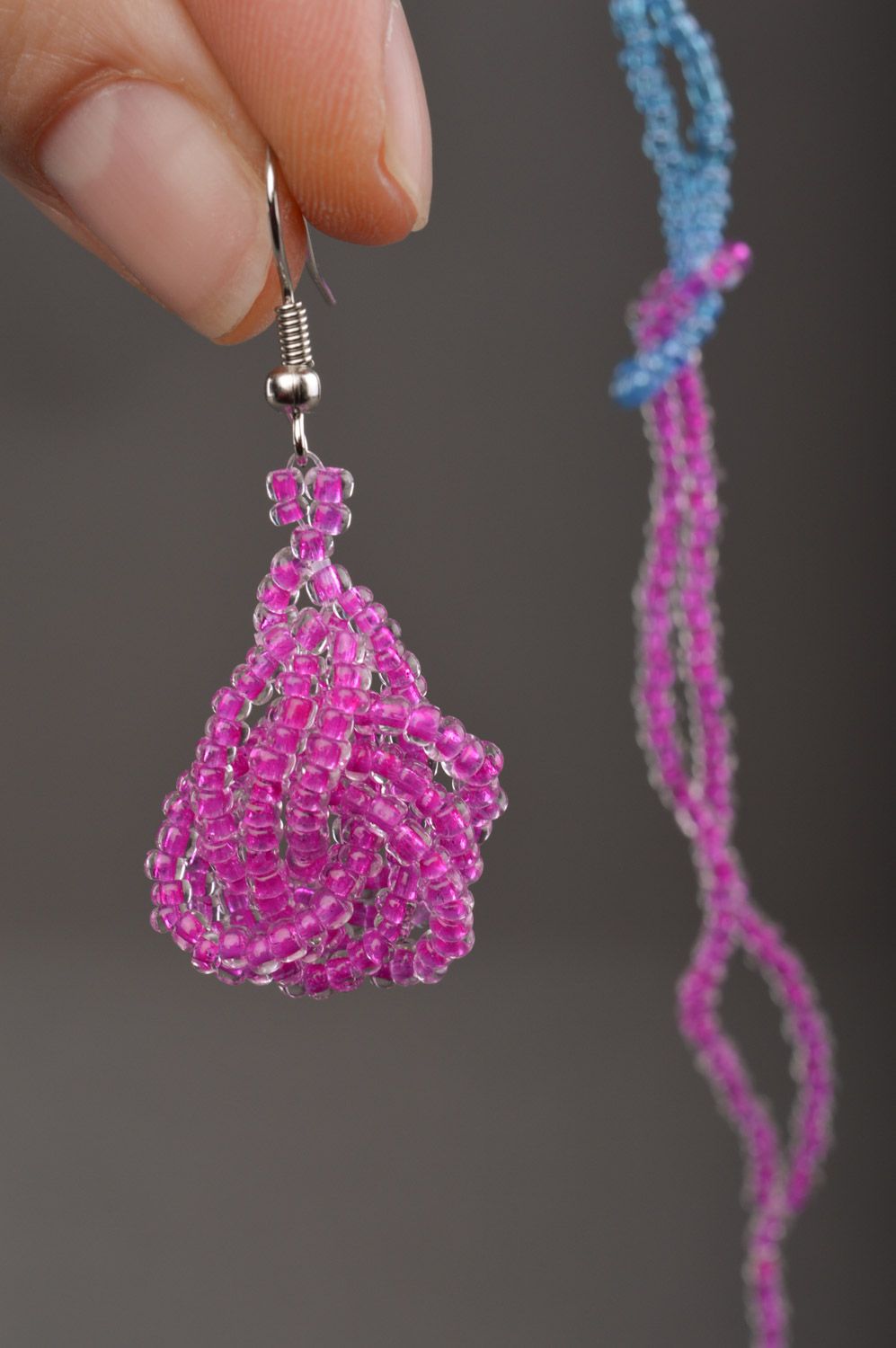 Handmade wrist bracelet and dangle earrings woven of blue and violet Czech beads photo 3