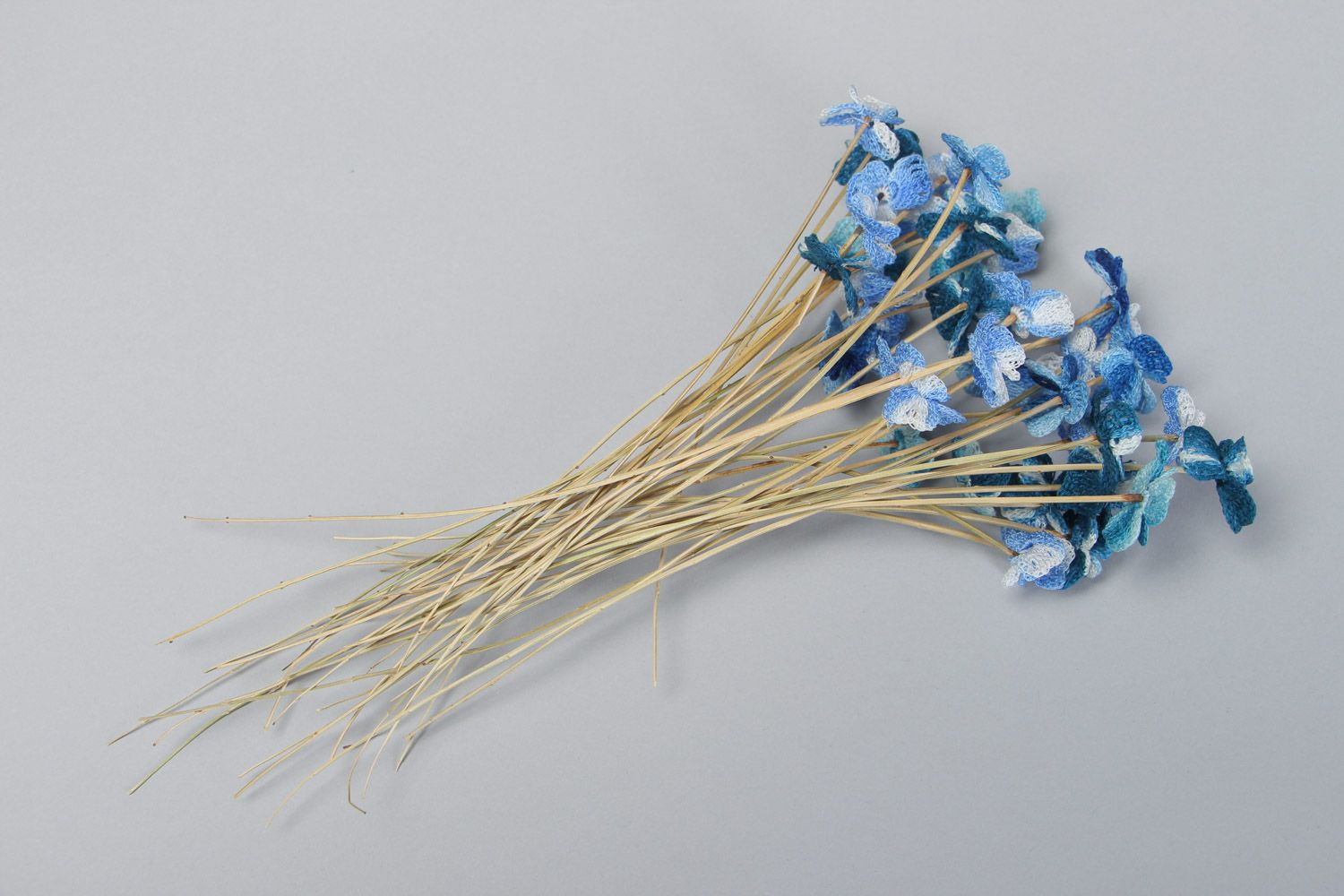Bouquet of 43 blue decorative field flowers crocheted of cotton on acacia stalks photo 2