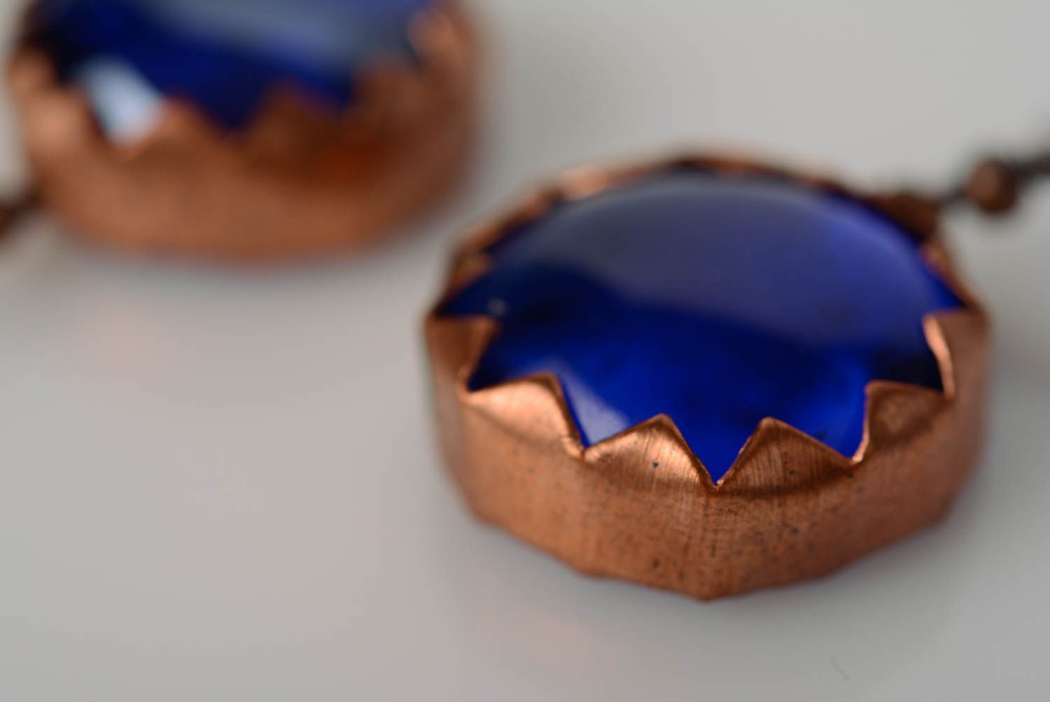 Small round handmade designer copper earrings with blue glass beads photo 2
